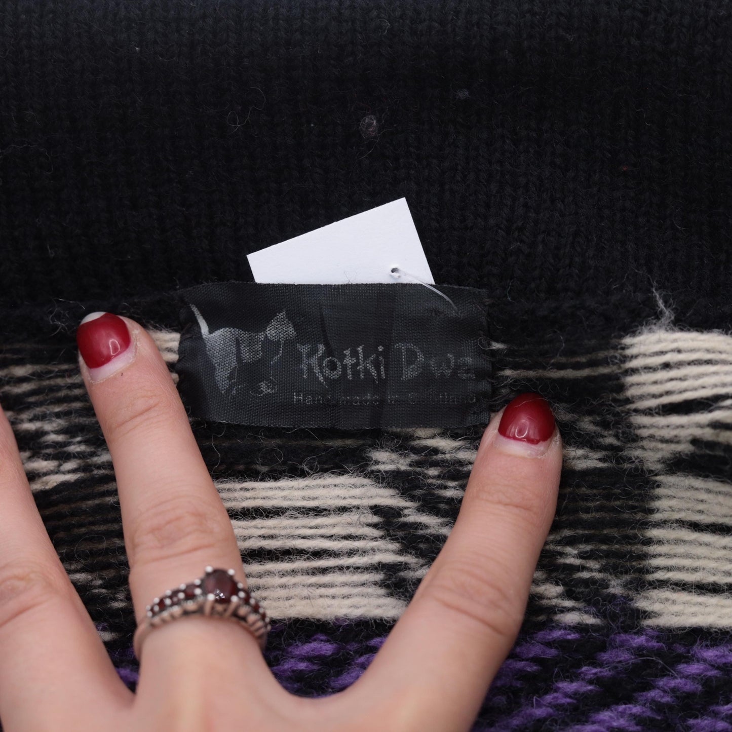90s Kotki Dwa Wool Cardigan Black Abstract Geometric Purple Teal Orange Large L