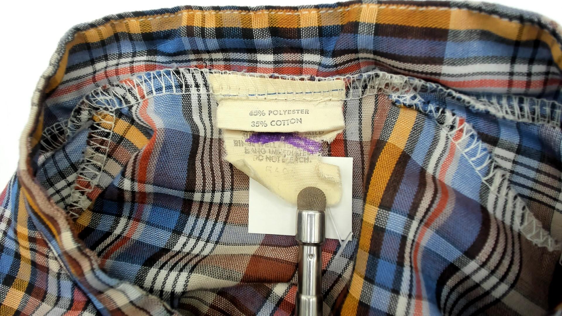 80s Plaid Blouse Mandarin Collar Puff Sleeve Brown Blue Yellow Cotton Medium M