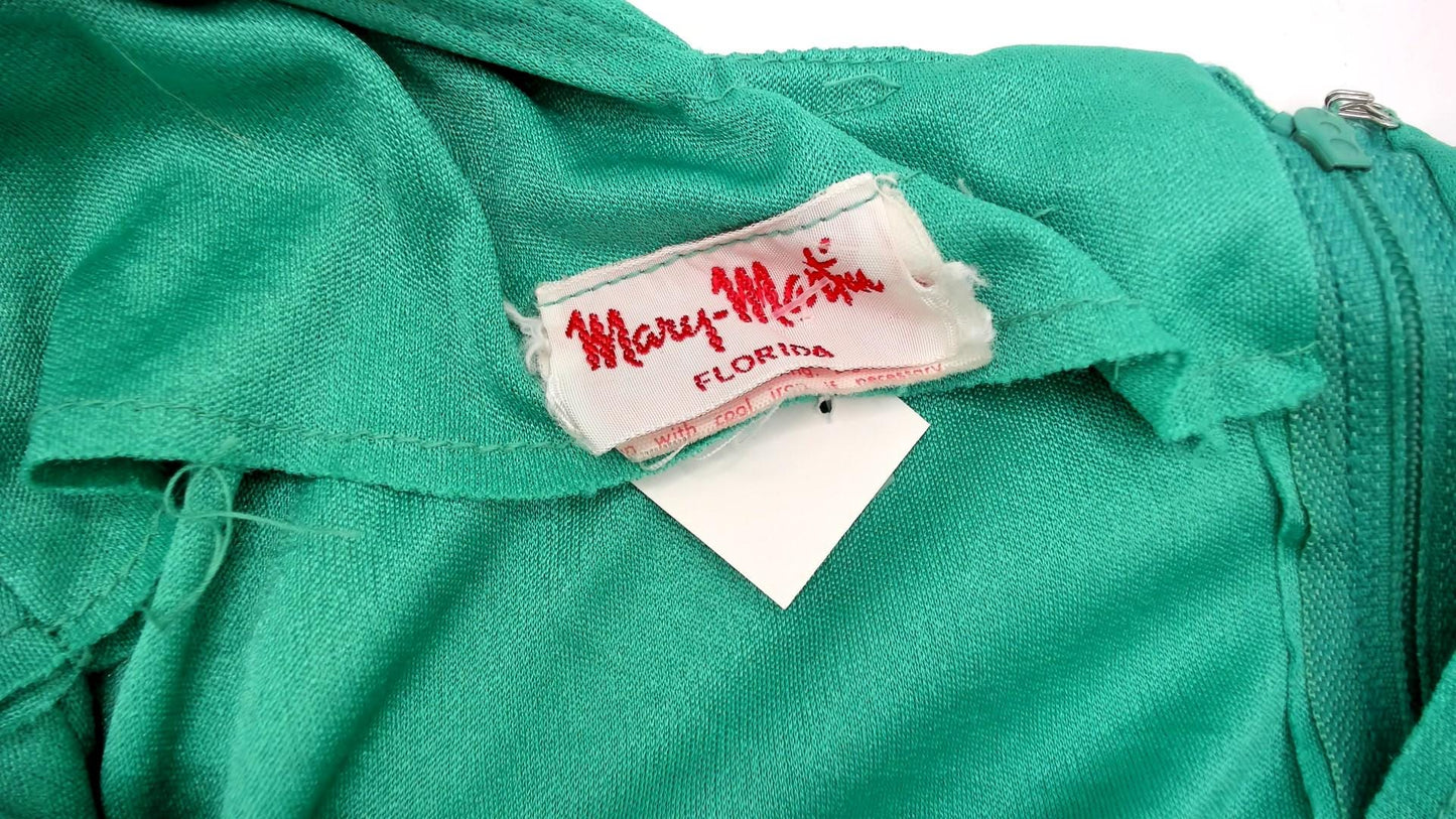 70s Mary Martin Teal Maxi Dress Rhinestone Buckle Square Neck Draped Slit Medium M