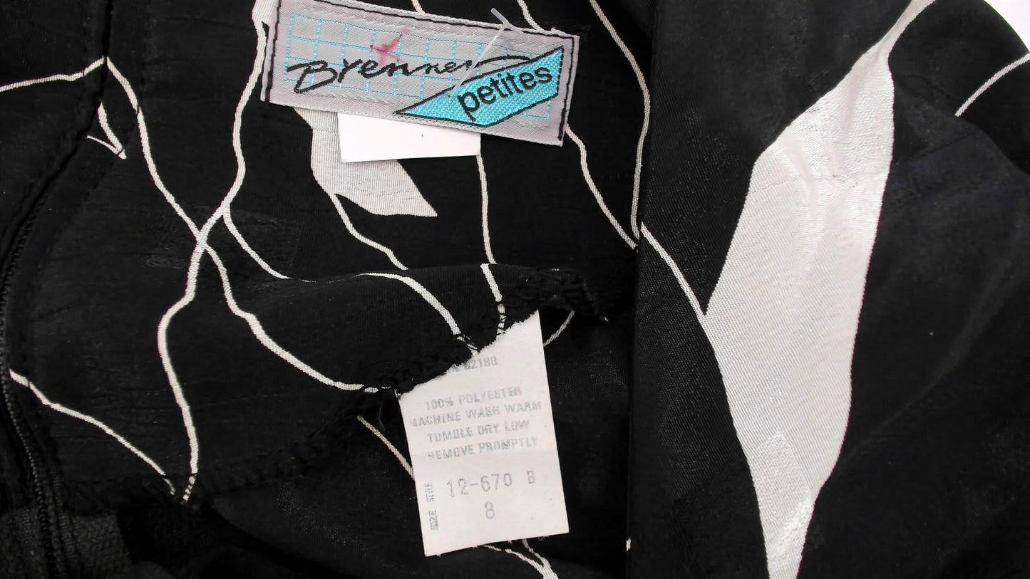 80s Brenner Petites Geometric Midi Dress Black White Abstract Print Belted Medium