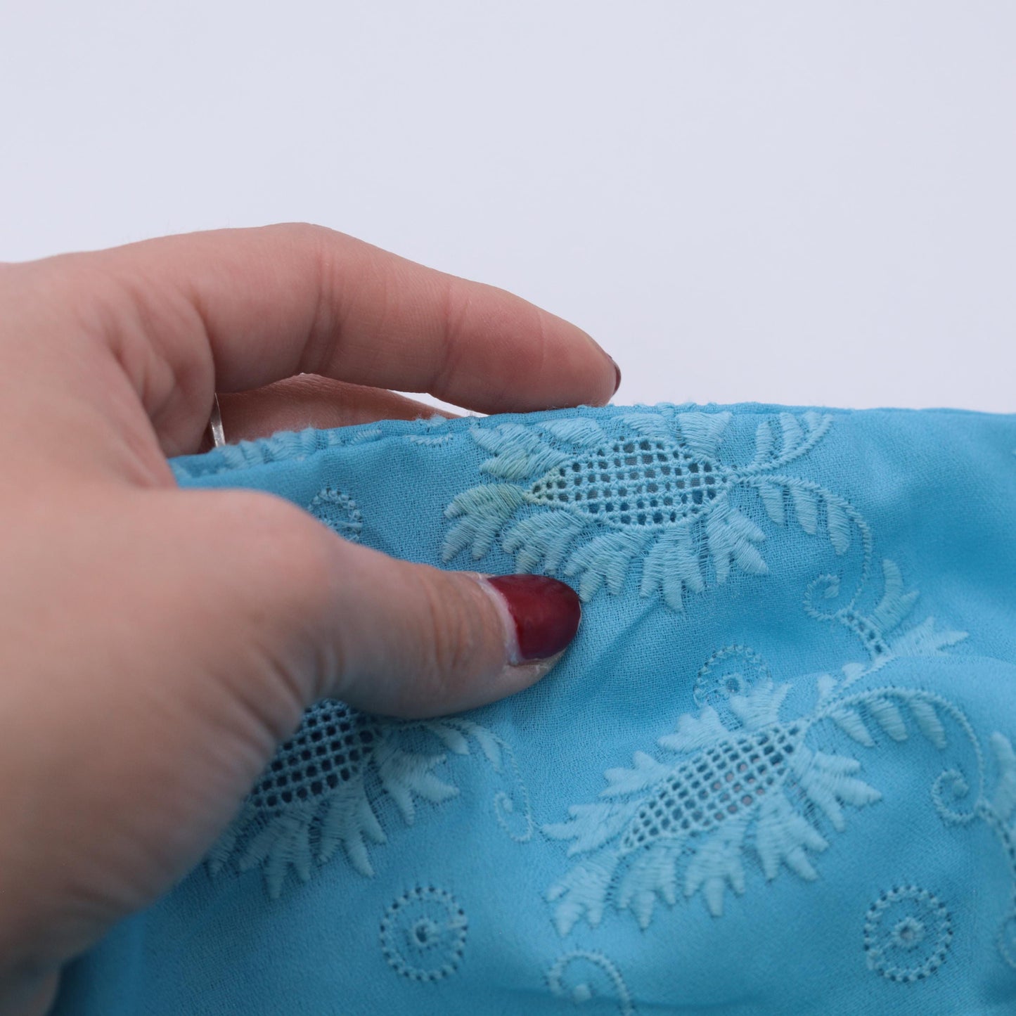 60s Turquoise Shift Dress Mandarin Collar Embroidered Eyelet Mini Large L