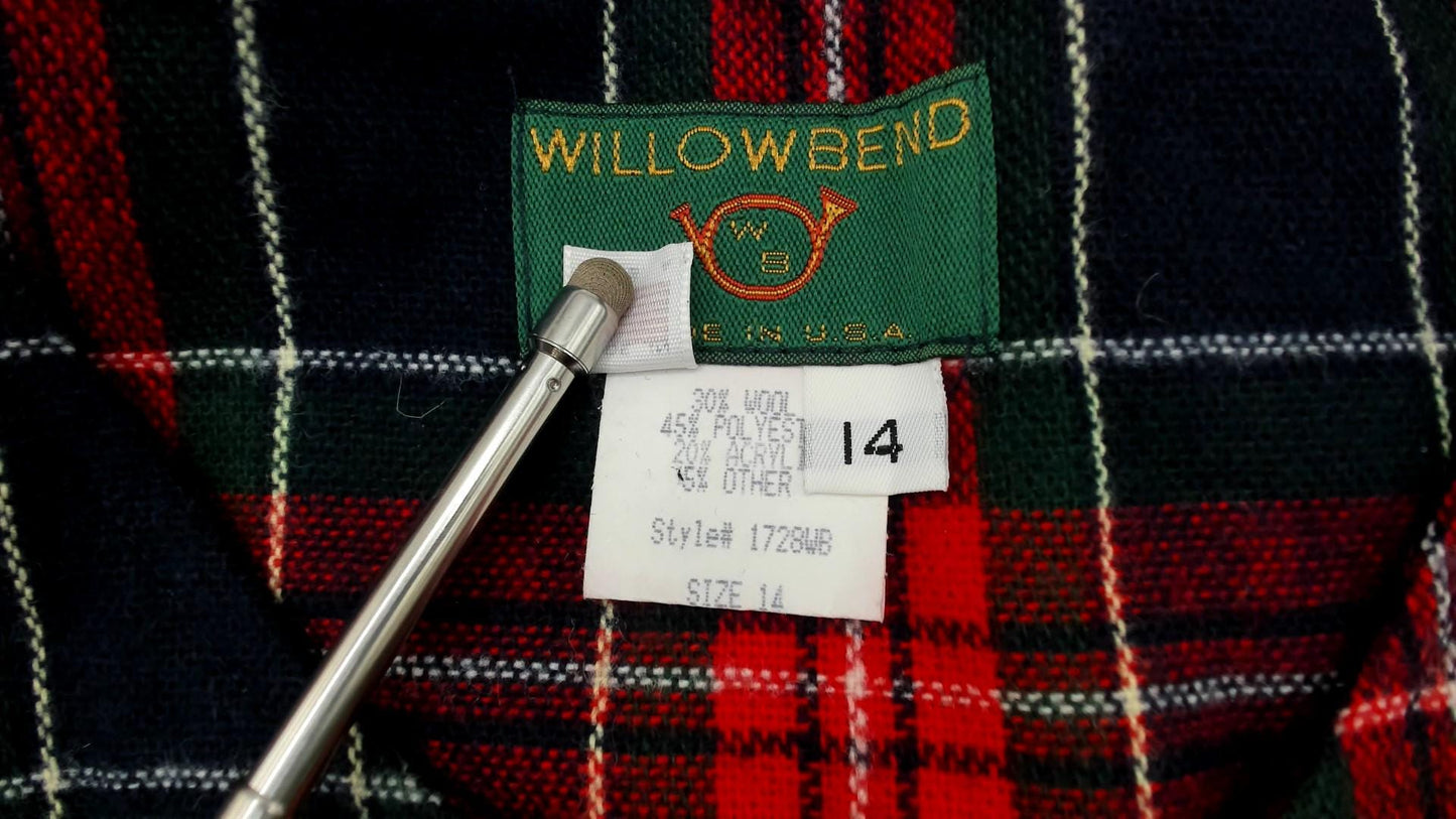 90s Willow Bend Plaid Pinafore Midi Dress Green Red Wool Blend Large