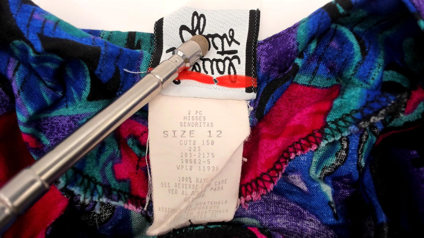 90s Patchwork Button Blouse Abstract Geometric Print Cropped Long Sleeve Medium