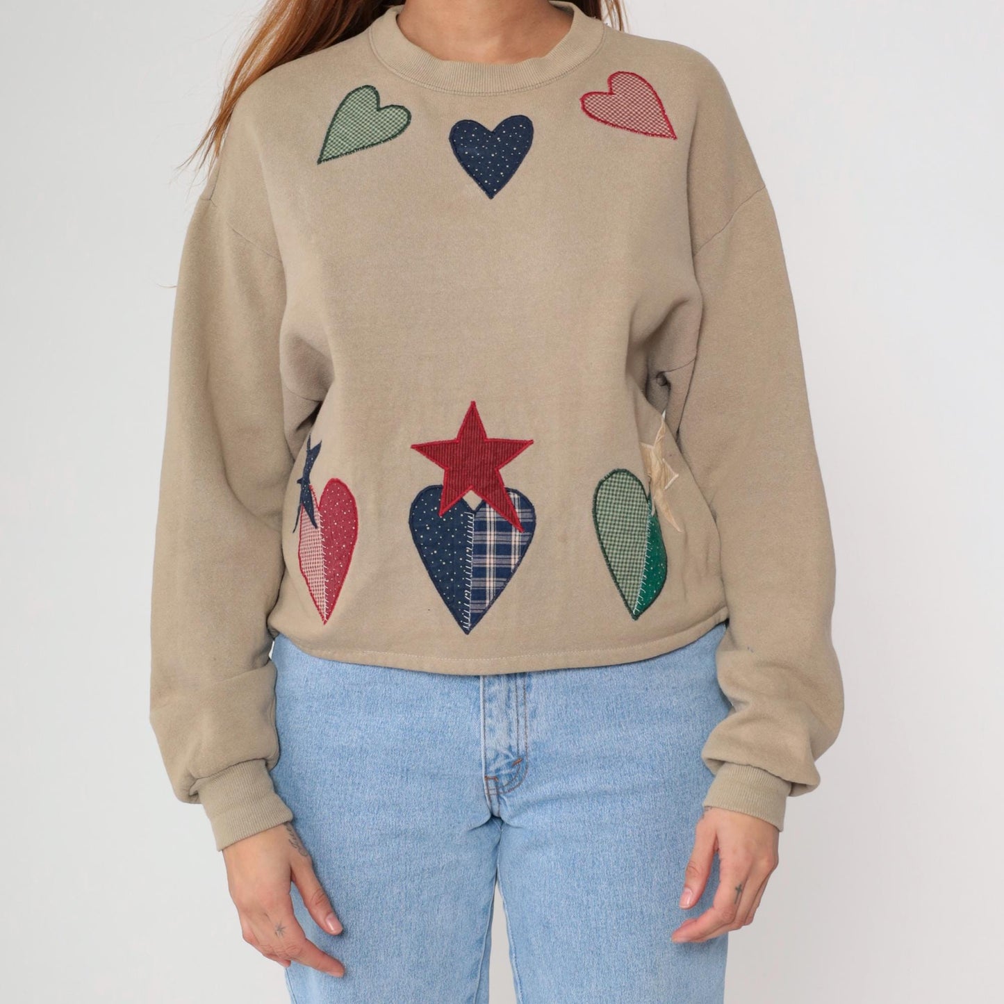 90s Patchwork Heart Applique Cropped Sweatshirt Tan Medium M
