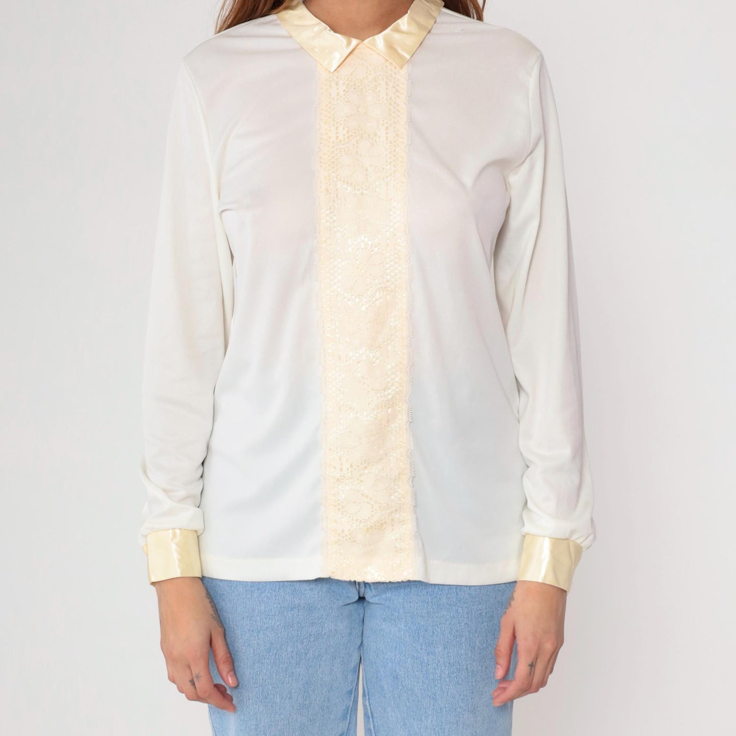 70s White Cream Lace Prairie Blouse Button Up Long Sleeve Medium M