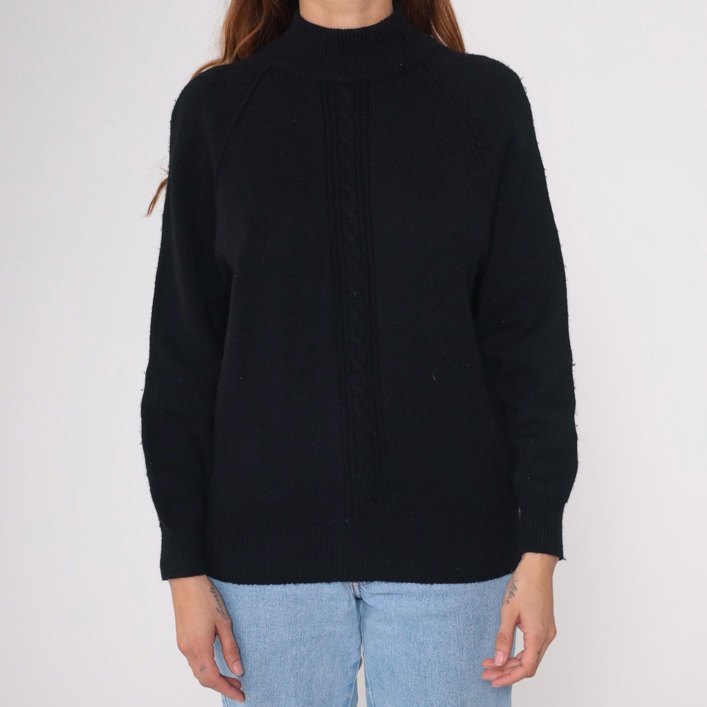 90s Liz Claiborne Black Merino Wool Mock Neck Sweater Cable Knit Small S