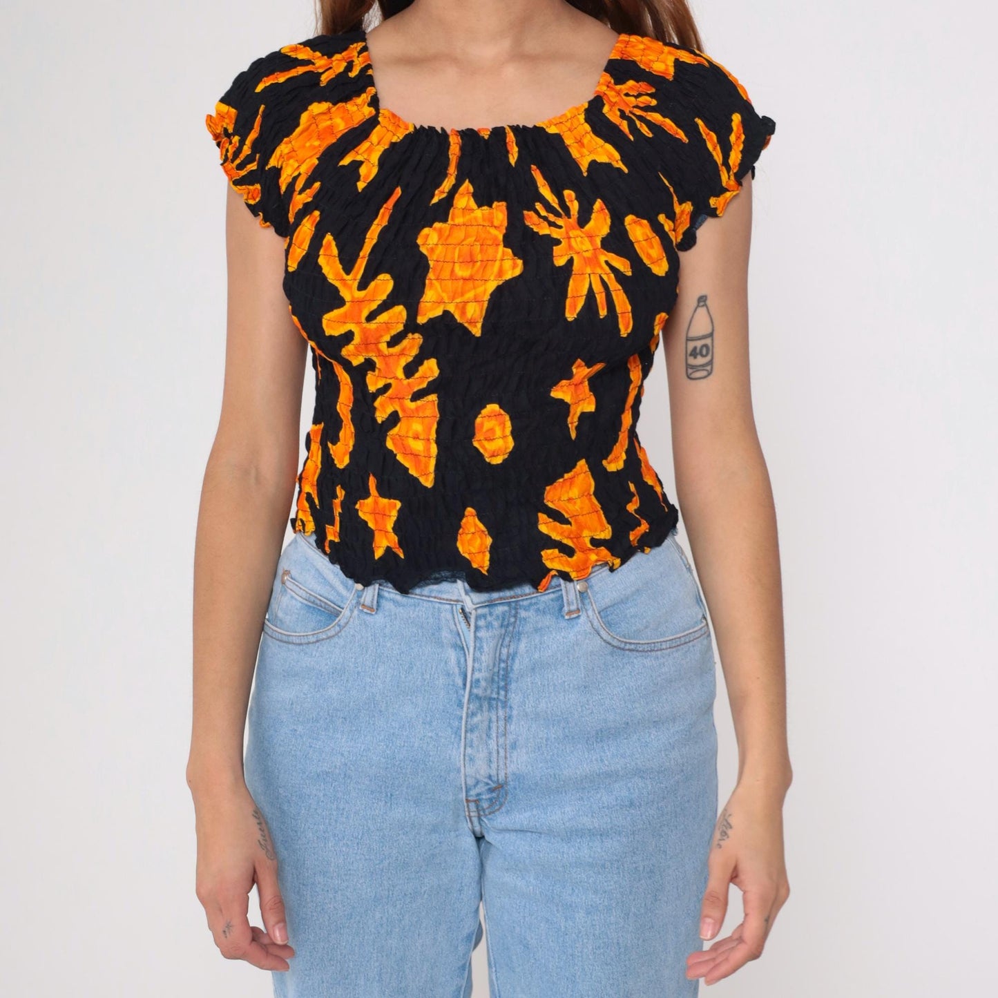 Y2K Shore Line Batik Smocked Crop Top Black Orange Cap Sleeve Small Medium