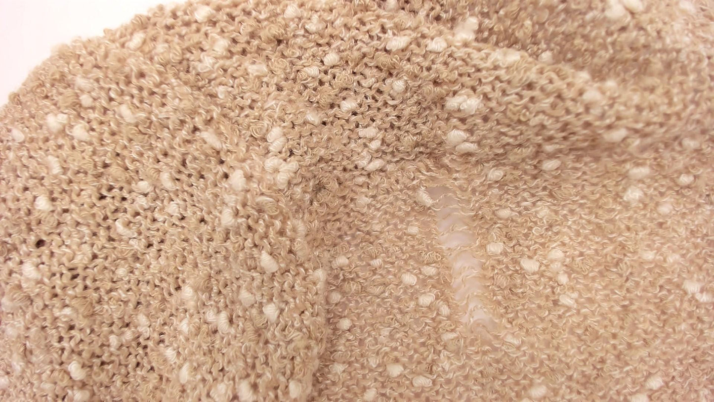 70s Beige Boucle Knit Top V-Neck Puff Sleeve Textured Fitted Small