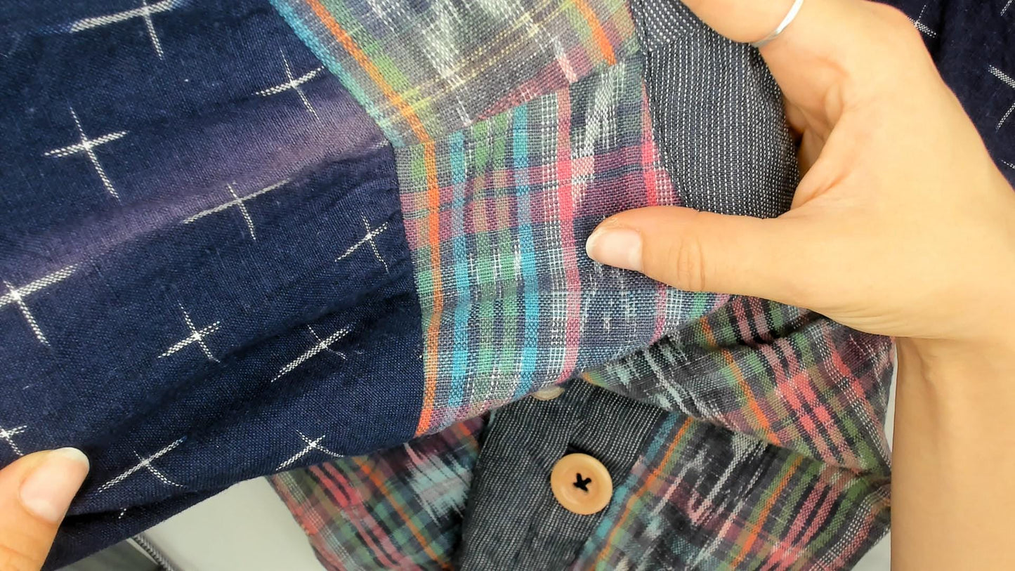 90s Patchwork Button Up Ikat Print Navy Chambray Short Sleeve Small P