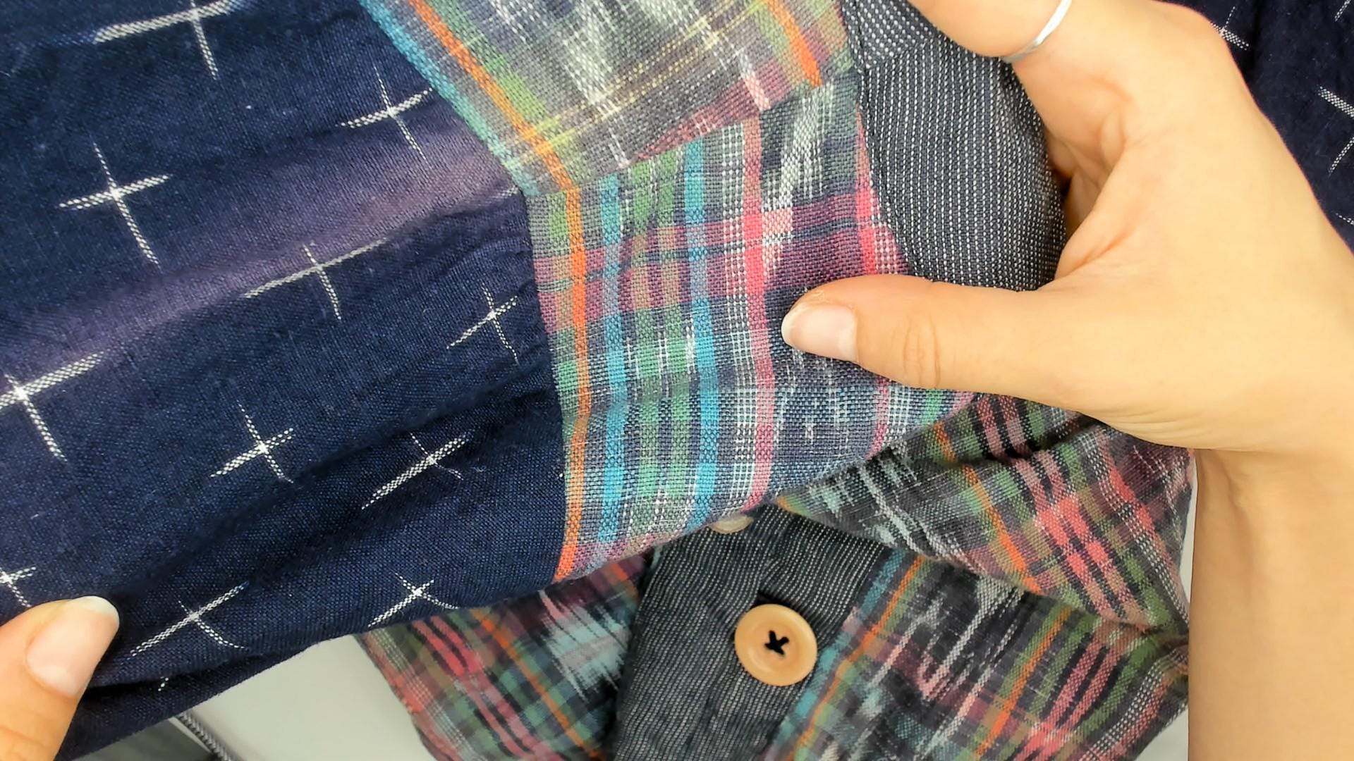 90s Patchwork Button Up Ikat Print Navy Chambray Short Sleeve Small P