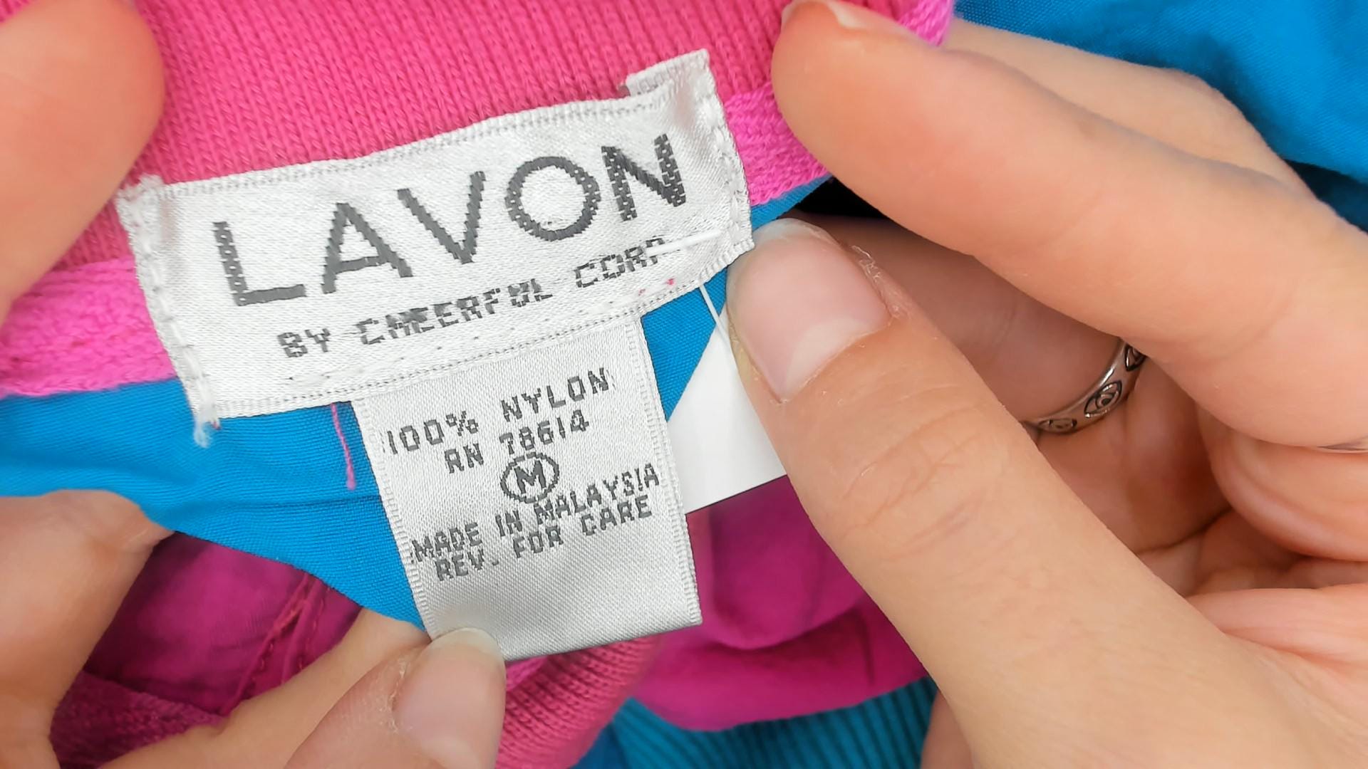 90s Lavon Color Block Polo Hot Pink Teal Nylon Short Sleeve Medium M