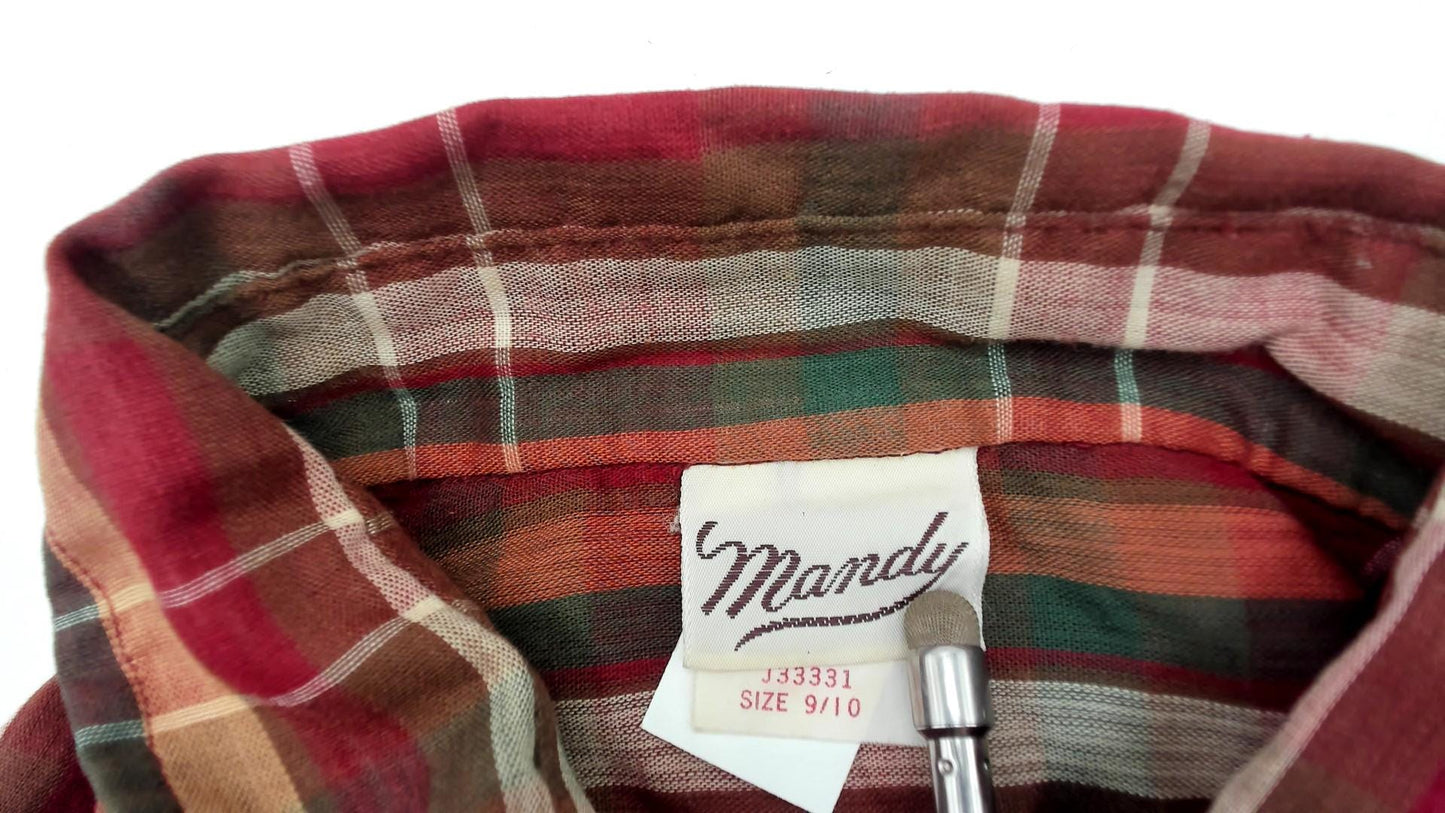 80s Plaid Button Down Shirt Red Green Embroidered Duck Cotton Small