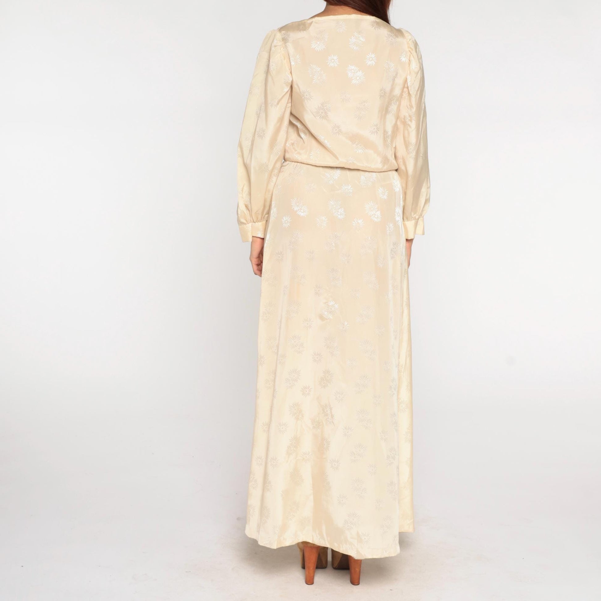 70s Cream Satin Maxi Dress Embroidered Ruffle Slit Bishop Sleeves Small