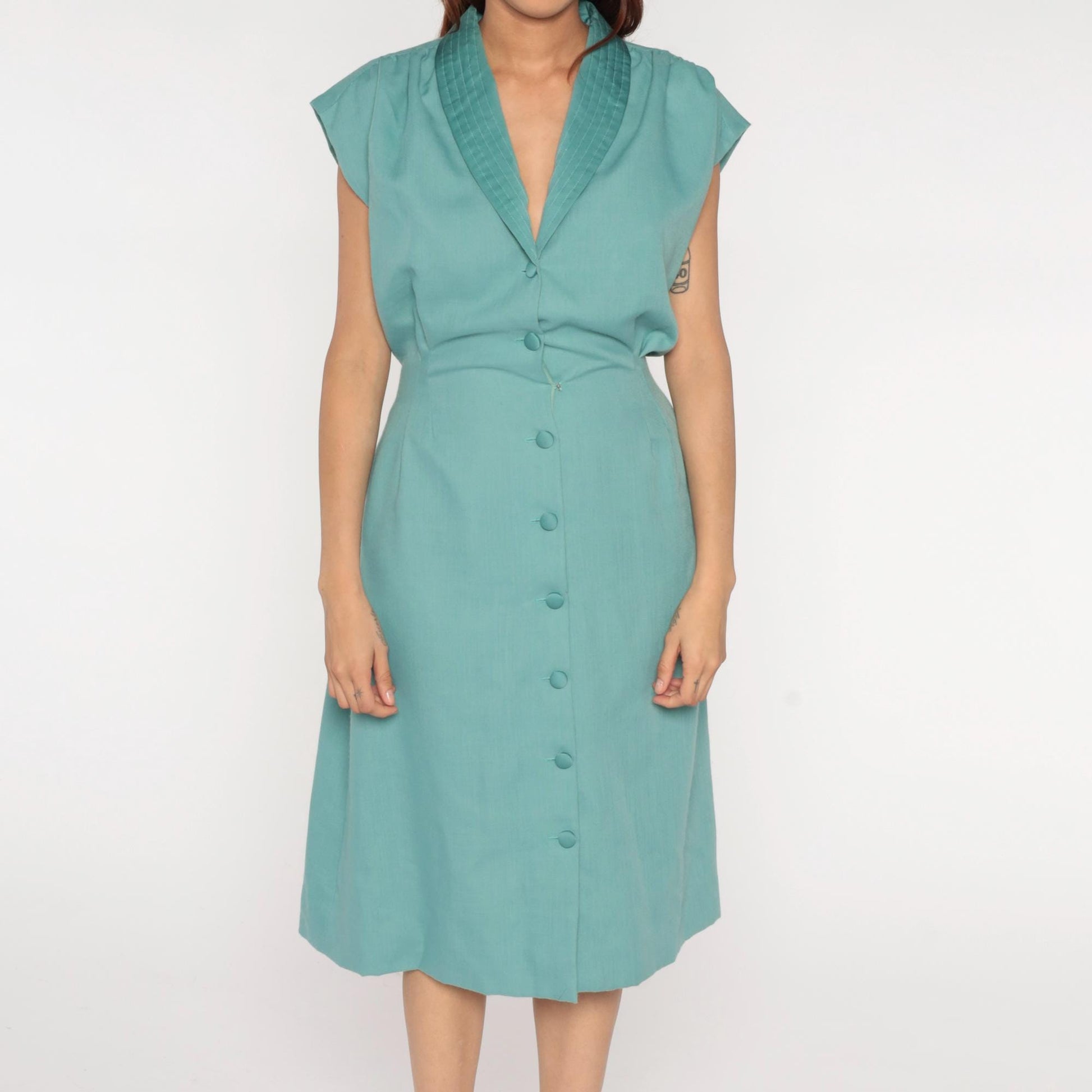 70s Turquoise Blazer Dress Quilted Collar Cap Sleeve Midi Tie Waist Large