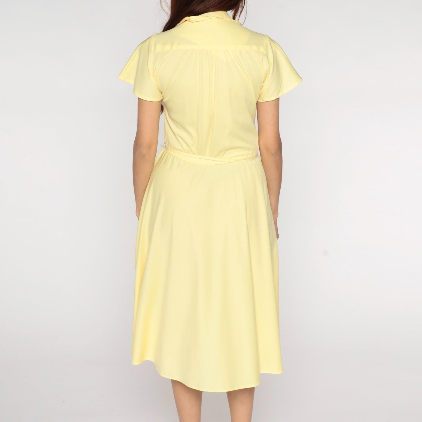 70s Union Made Pale Yellow Shirt Dress Midi Button Front Tie Belt Medium