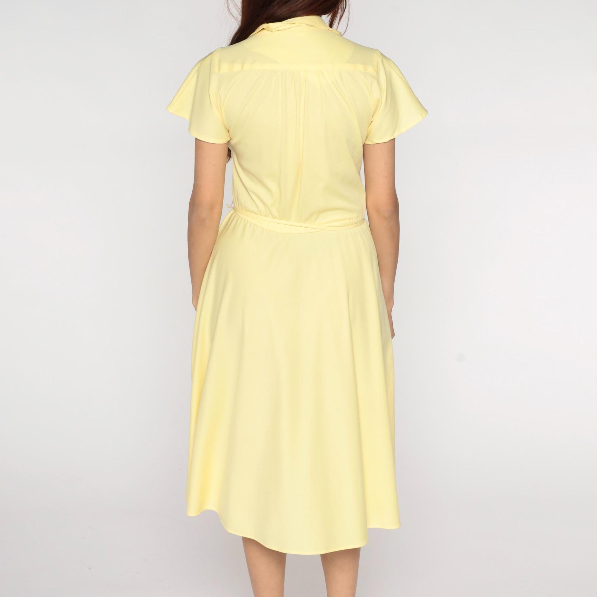 70s Union Made Pale Yellow Shirt Dress Midi Button Front Tie Belt Medium