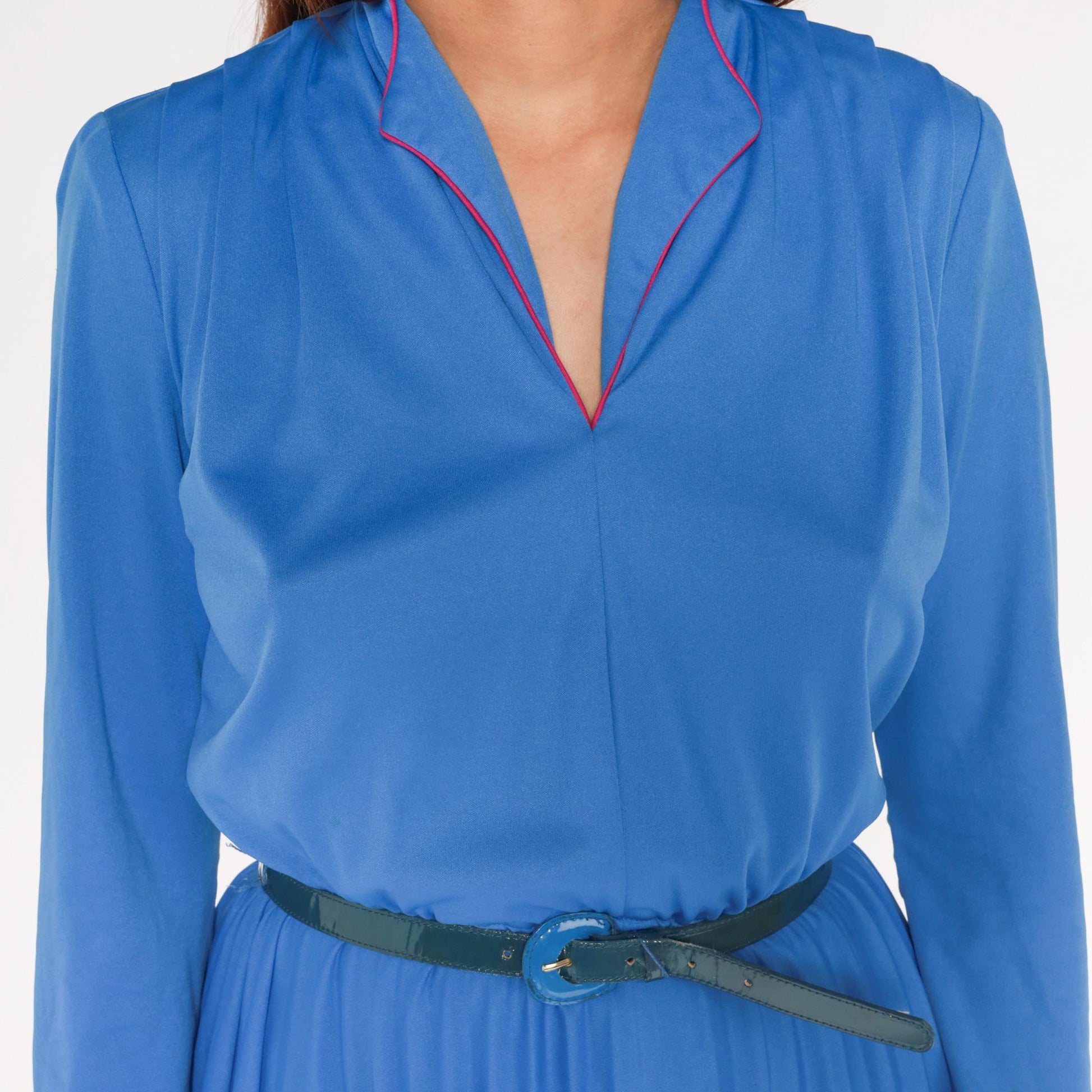 70s Royal Blue Midi Dress Red Piping Notch Collar Pleated Skirt Belt Medium Large