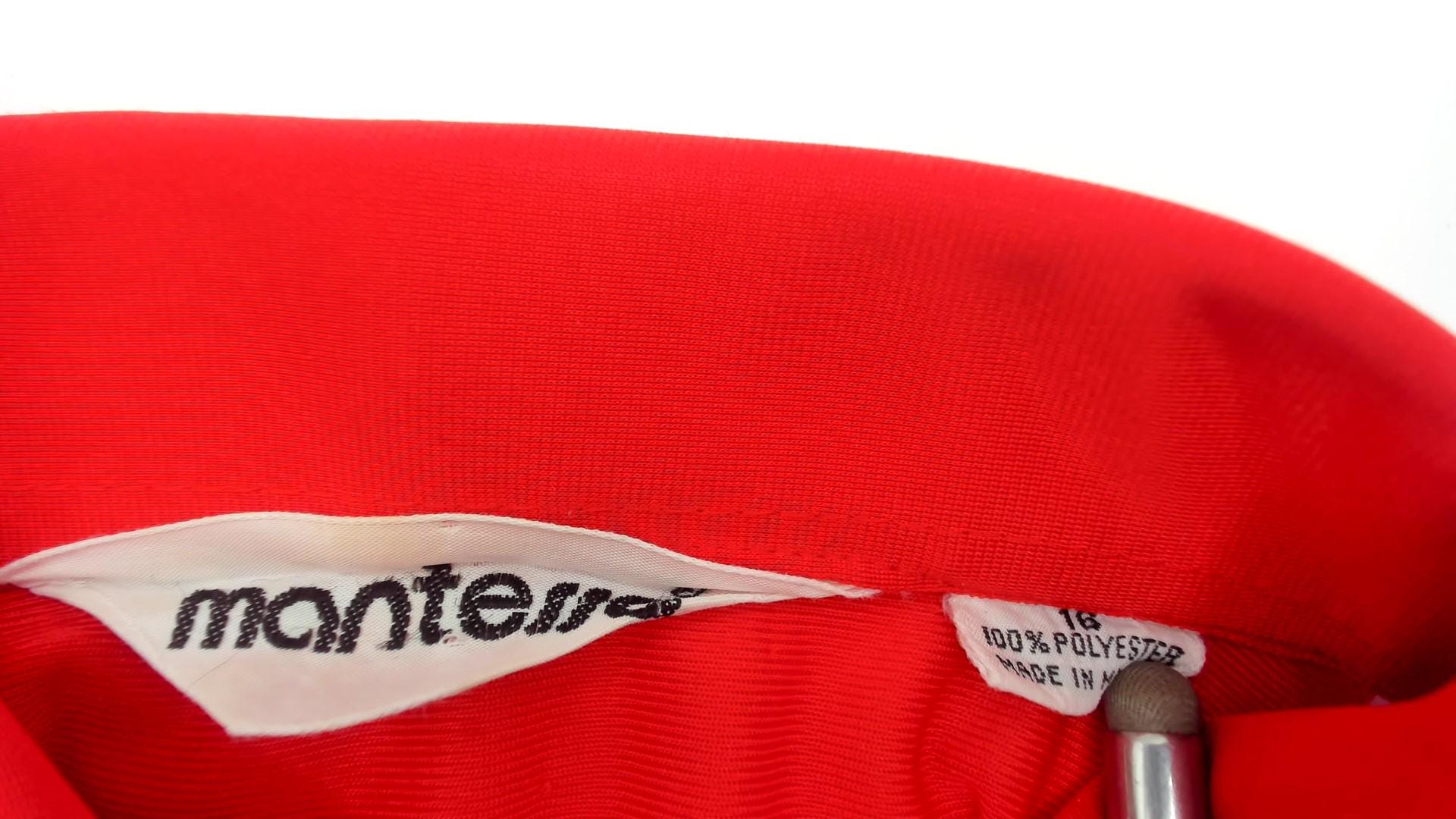 70s Coral Red Polyester Satin Button Up Blouse Pointed Collar Long Sleeve Medium M