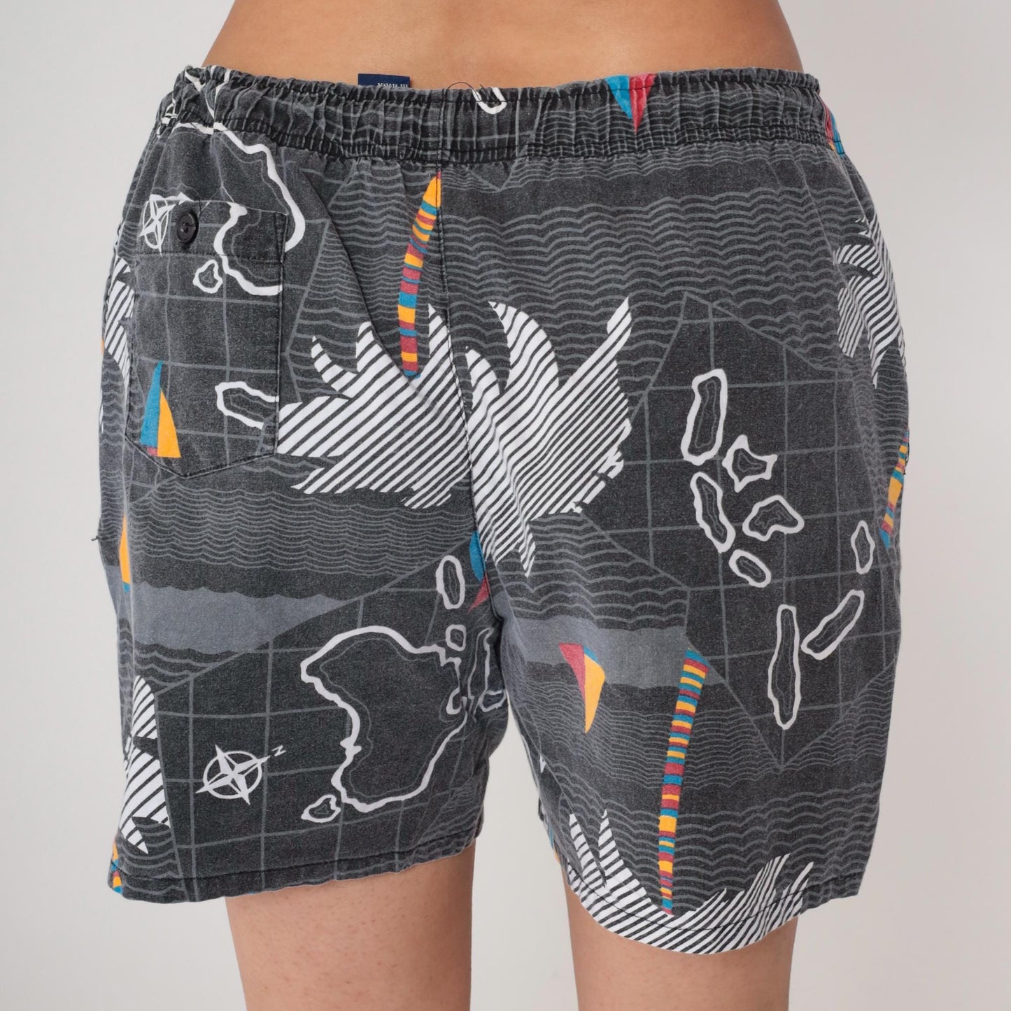 90s Blair Map Print Cotton Swim Trunks Grey Island Graphic Large L