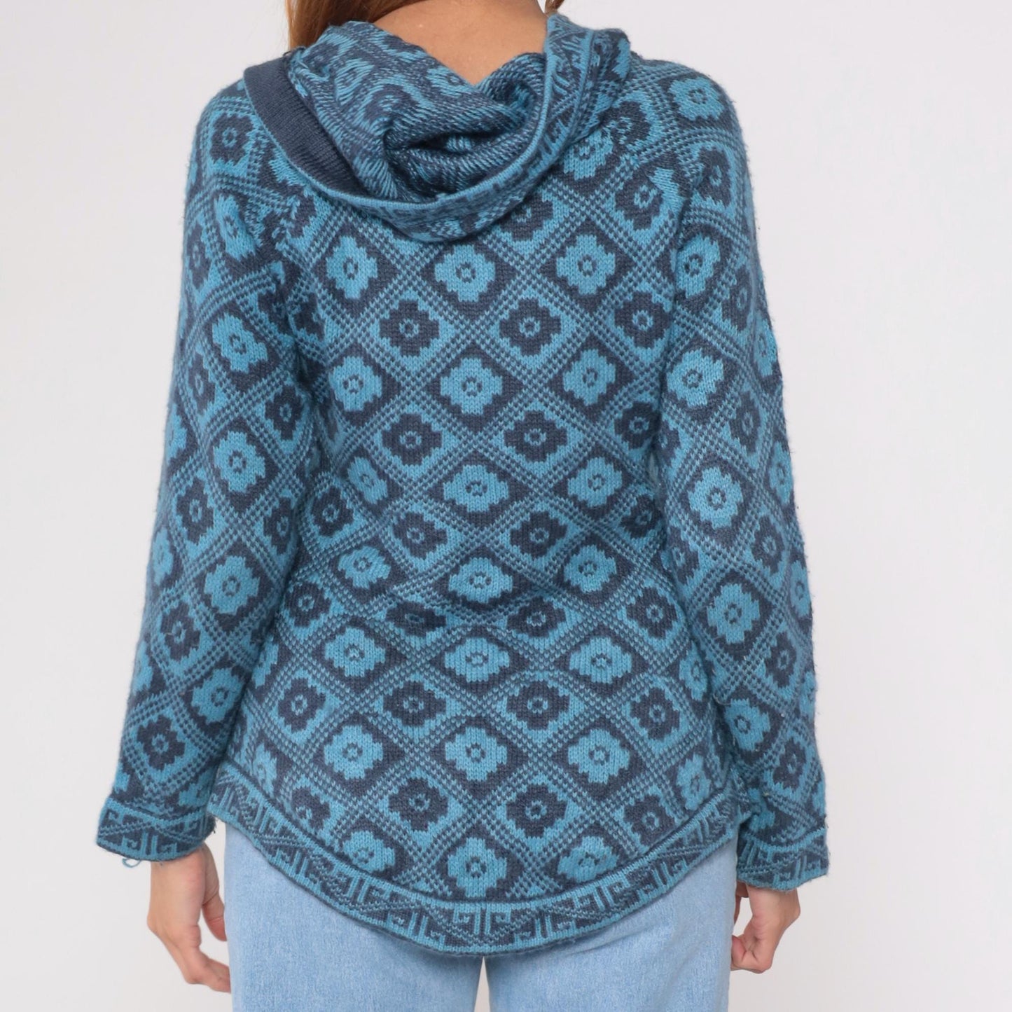 Y2K Slate Blue Geometric Southwest Hoodie Pullover Knit Medium M