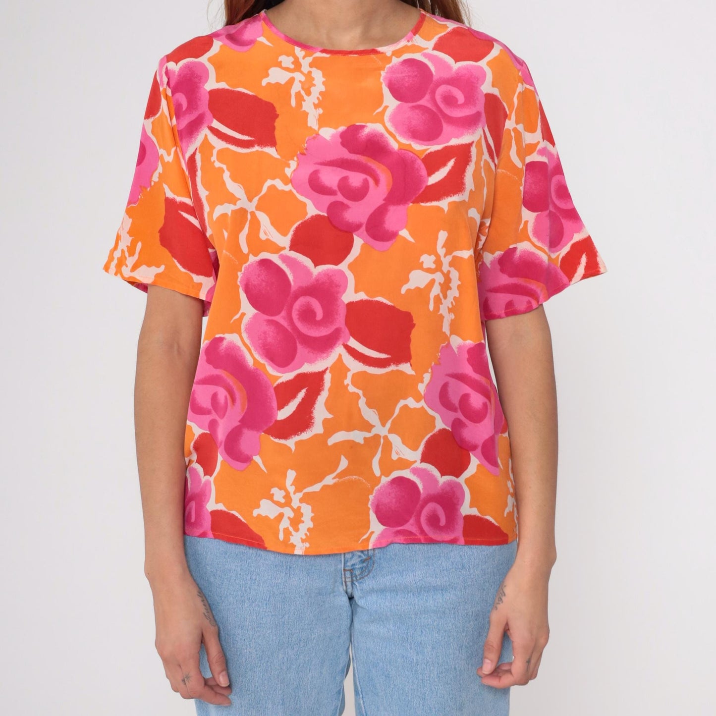 Y2K Christie and Jill Silk Blouse Floral Orange Pink Short Sleeve Medium M