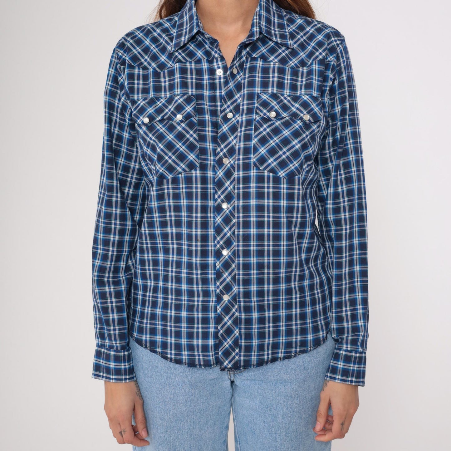90s Rustler Blue Plaid Flannel Pearl Snap Shirt Medium