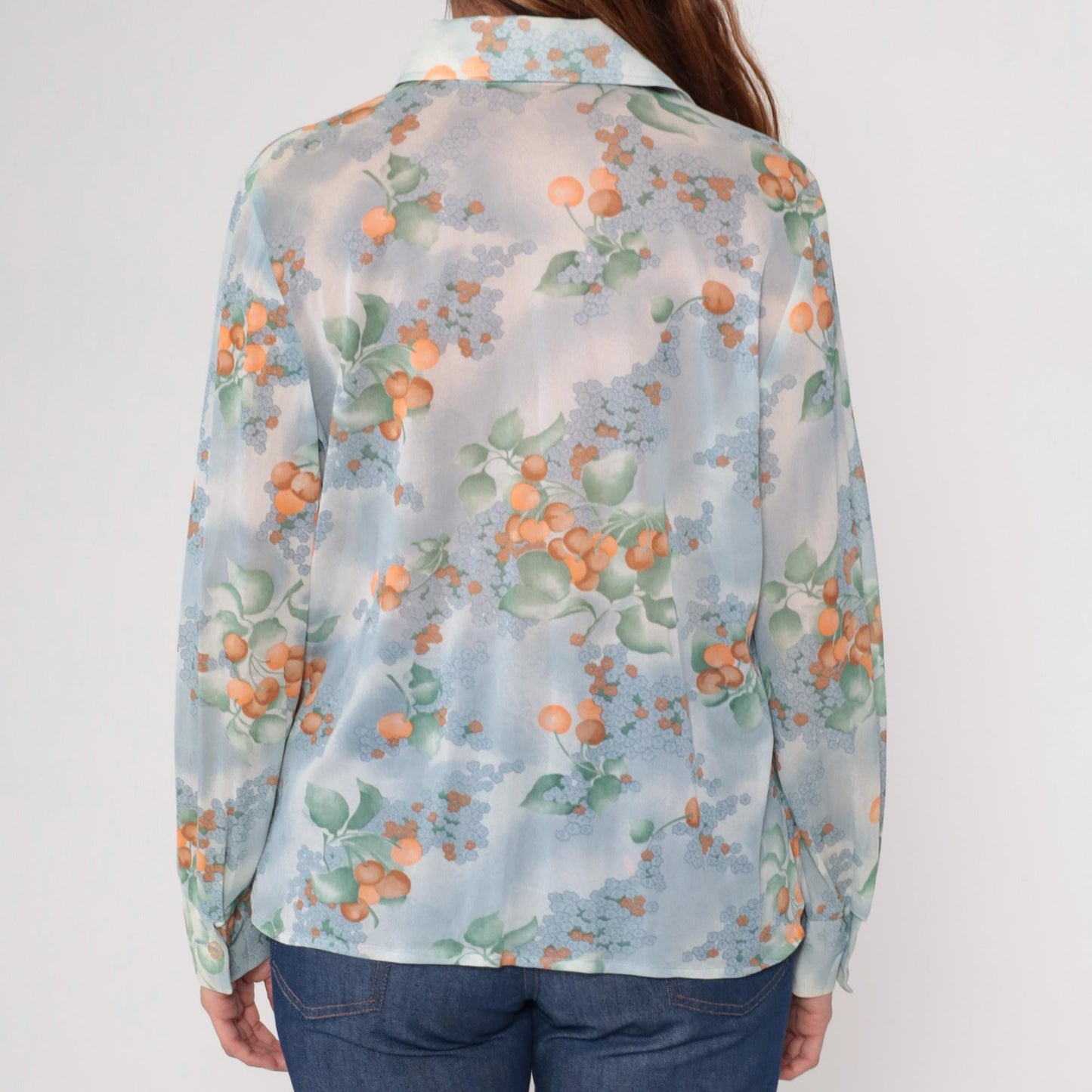 70s Berry Blouse Sheer Blue Orange Watercolor Floral Button Up Long Sleeve Large L