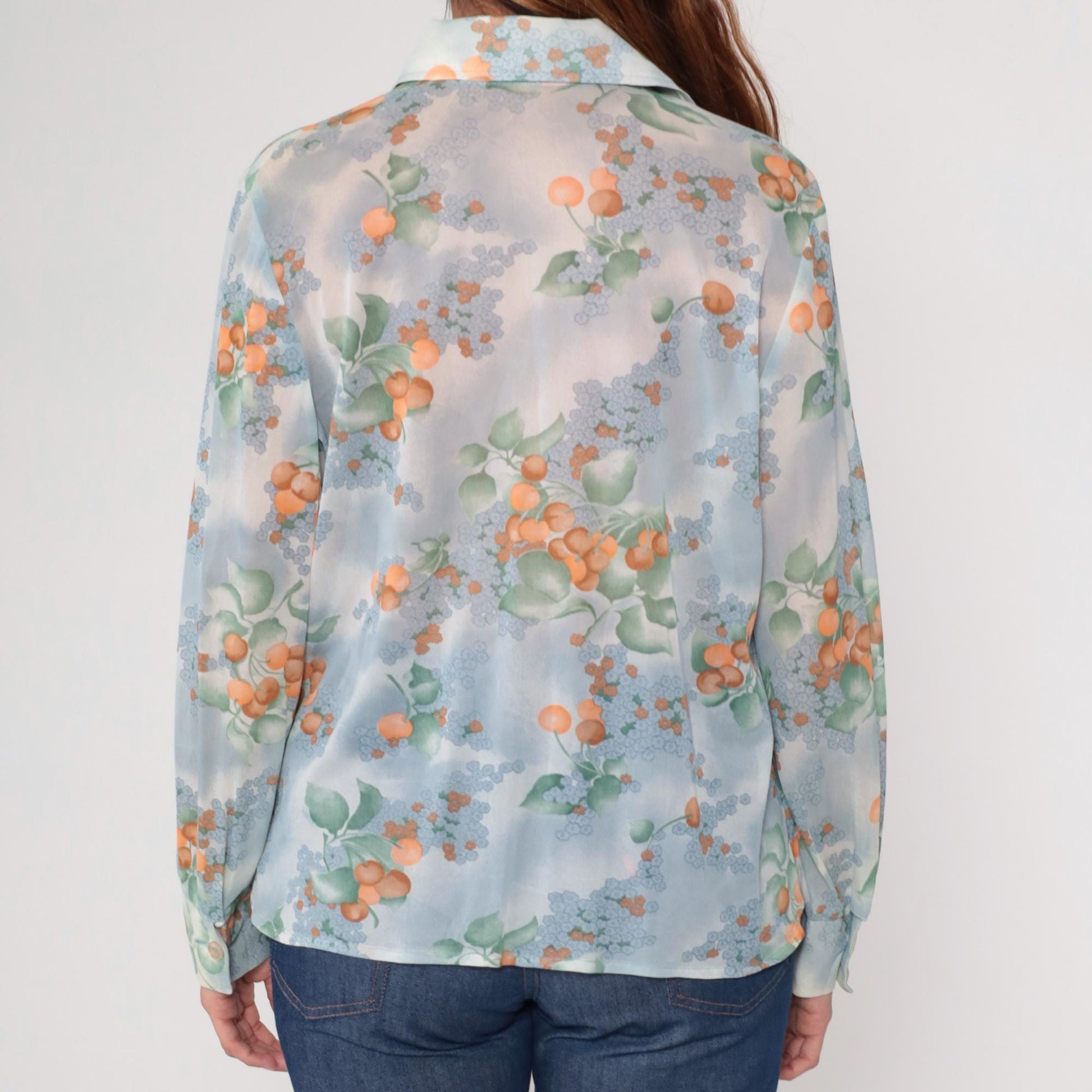 70s Berry Blouse Sheer Blue Orange Watercolor Floral Button Up Long Sleeve Large L