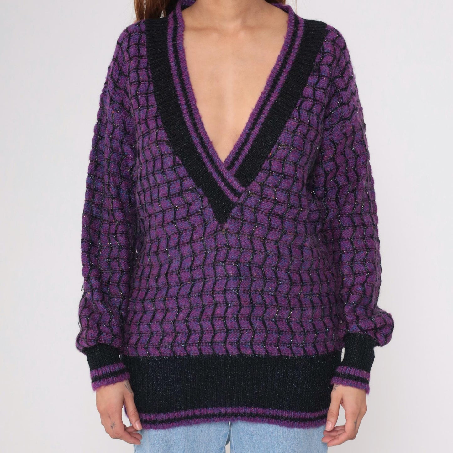 90s Max Bradley Purple Black Deep V Sweater Metallic Knit Large L