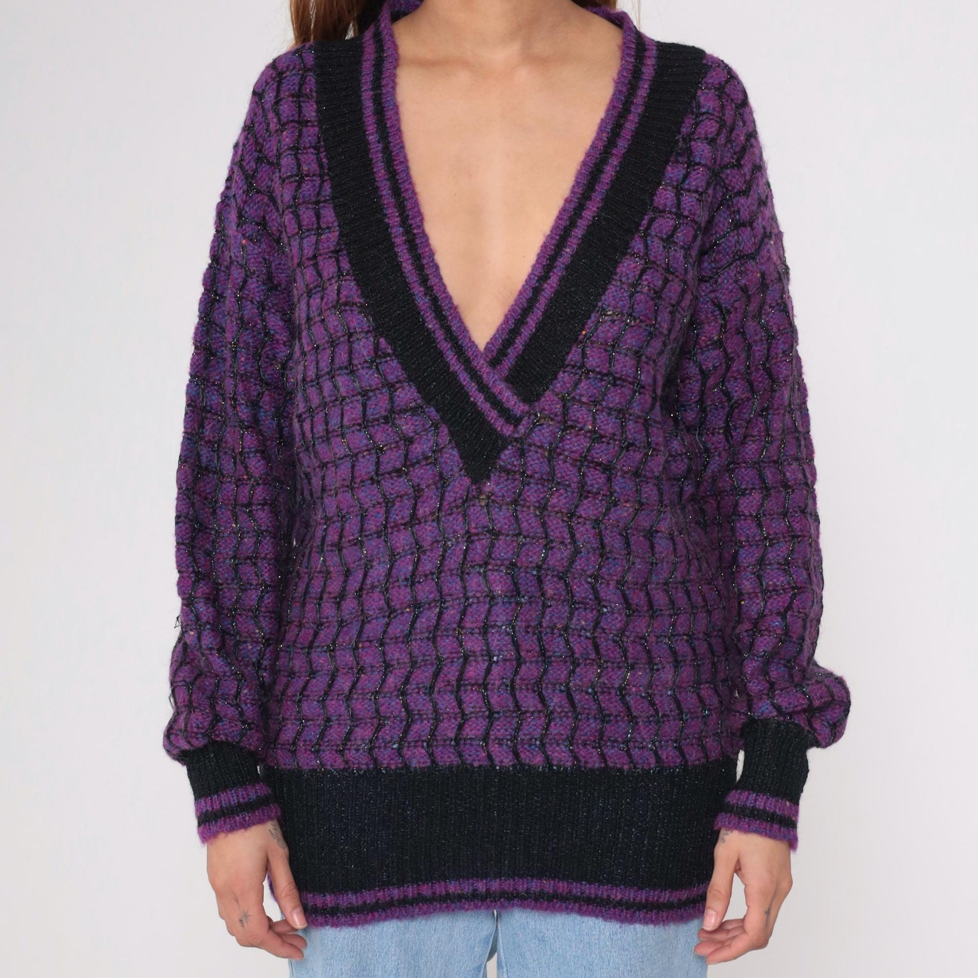 90s Max Bradley Purple Black Deep V Sweater Metallic Knit Large L