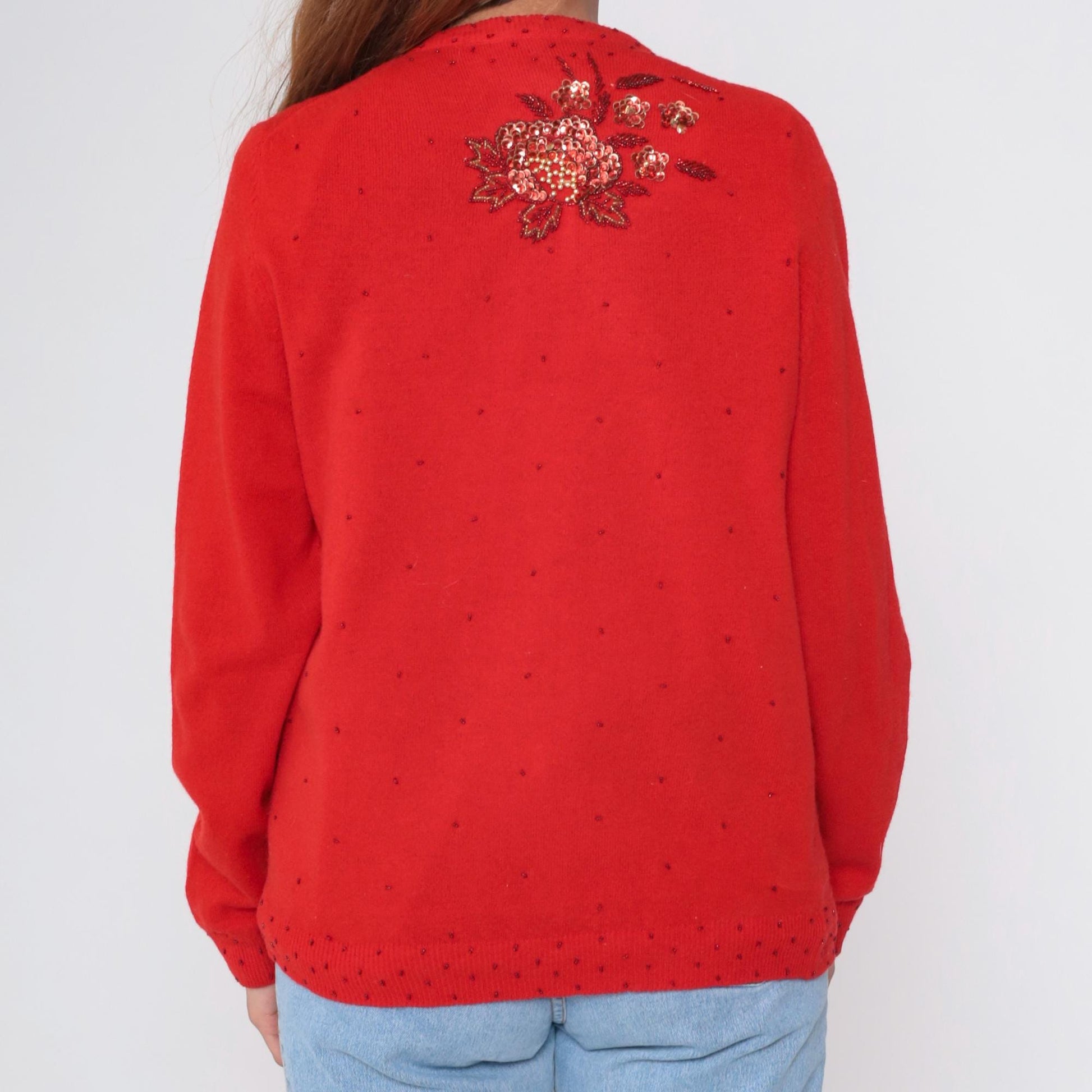 90s Red Beaded Floral Cardigan Wool Angora Blend Button Up Sequin Knitwear Large L