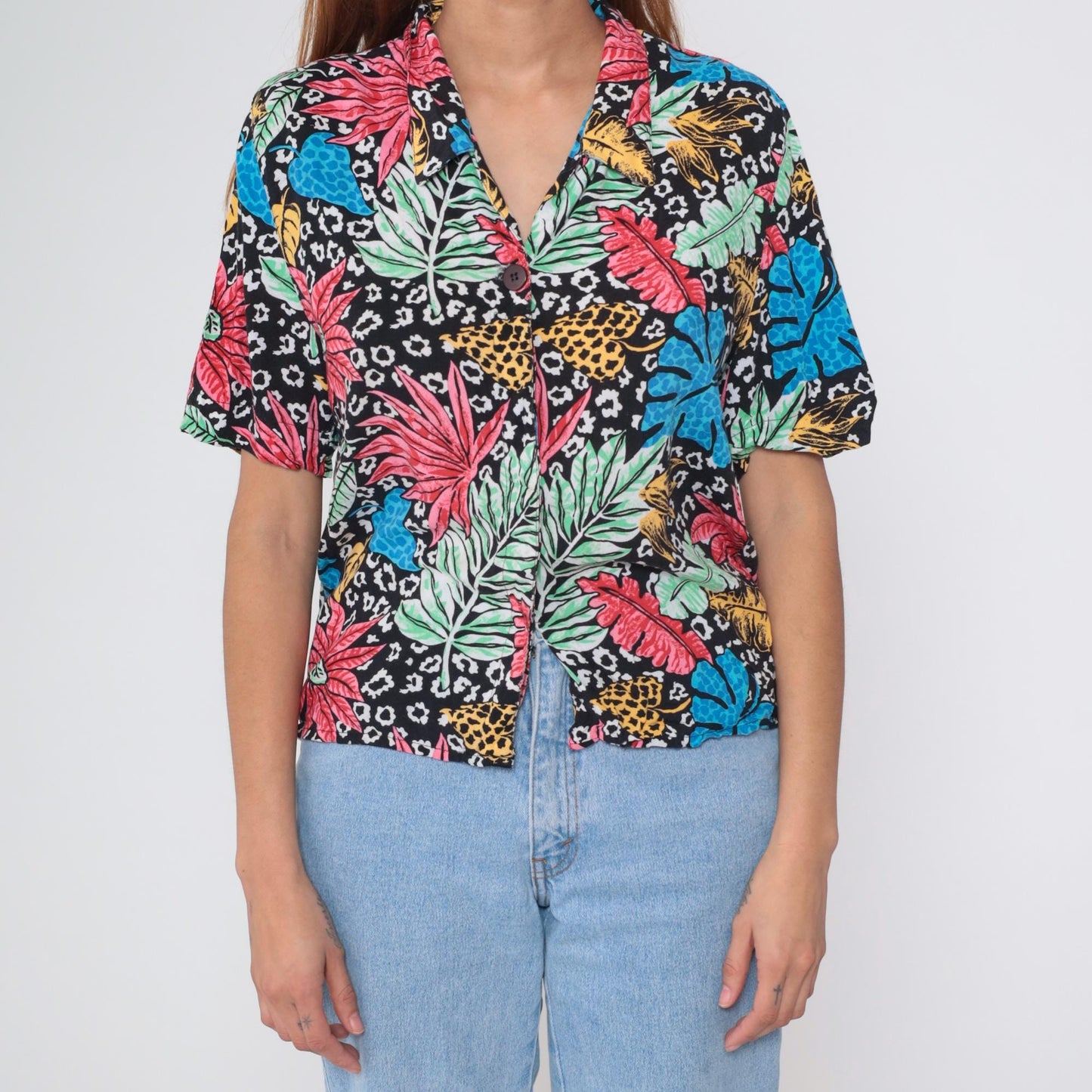 80s Black Hawaiian Shirt Tropical Orchid Floral Rayon Button Up Large