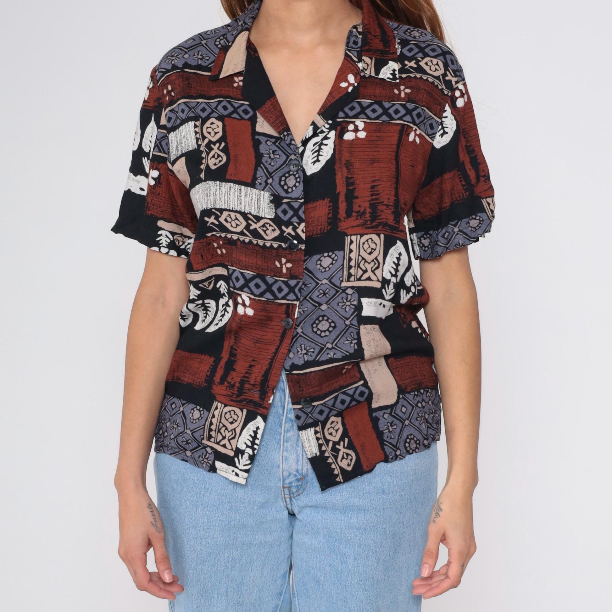 90s Radcliffe Batik Geometric Print Button Blouse Rust Blue Black Medium M