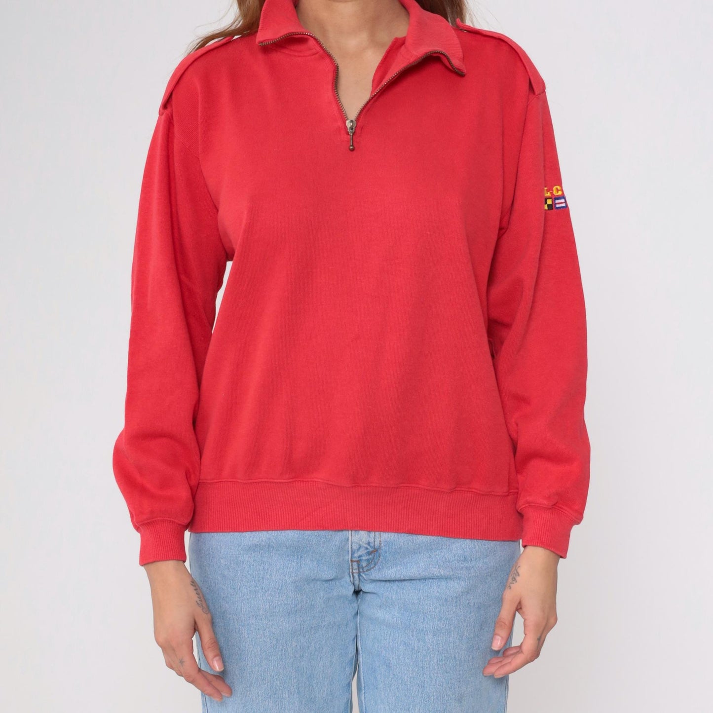 90s Liz Sport Red Quarter Zip Sweatshirt Nautical Flag Embroidery Medium M