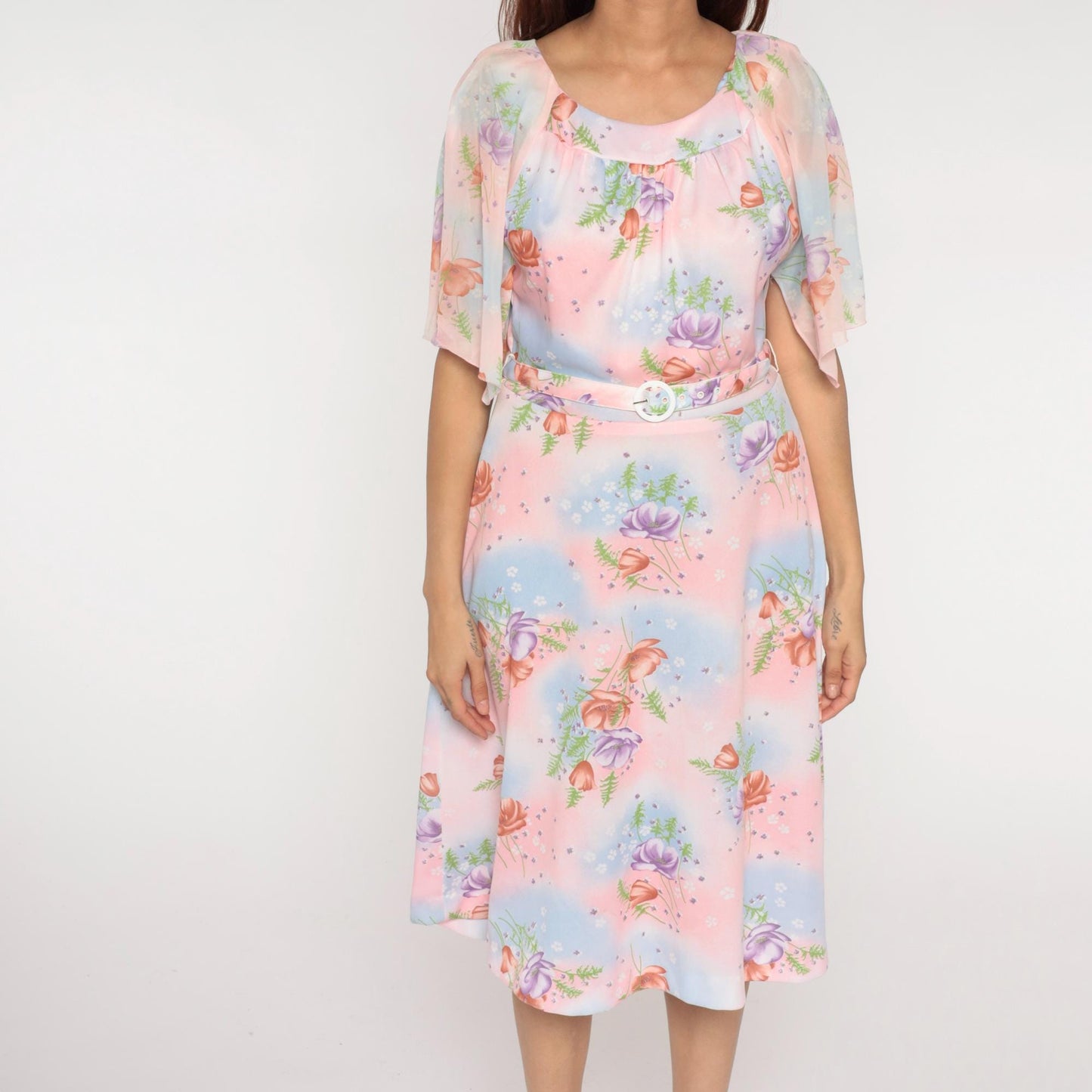 70s Lane Bryant Floral Midi Dress Pink Blue Rose Print Peter Pan Collar Large
