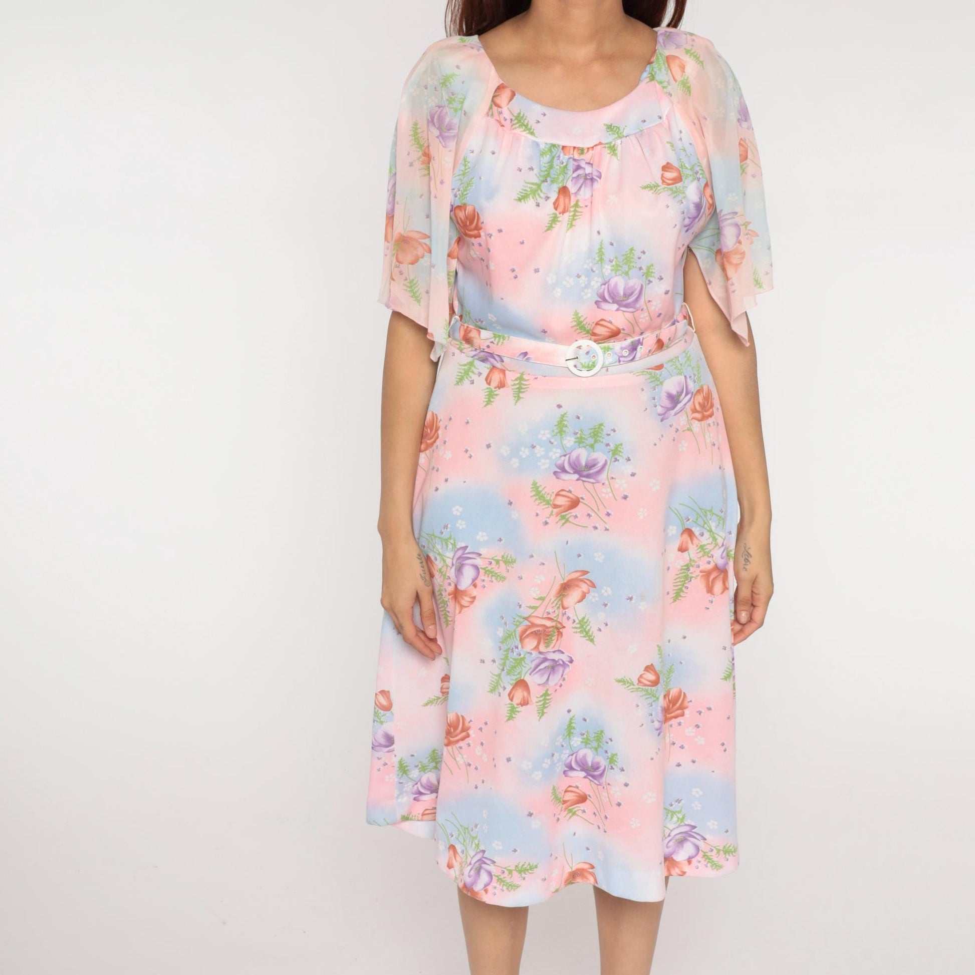 70s Lane Bryant Floral Midi Dress Pink Blue Rose Print Peter Pan Collar Large