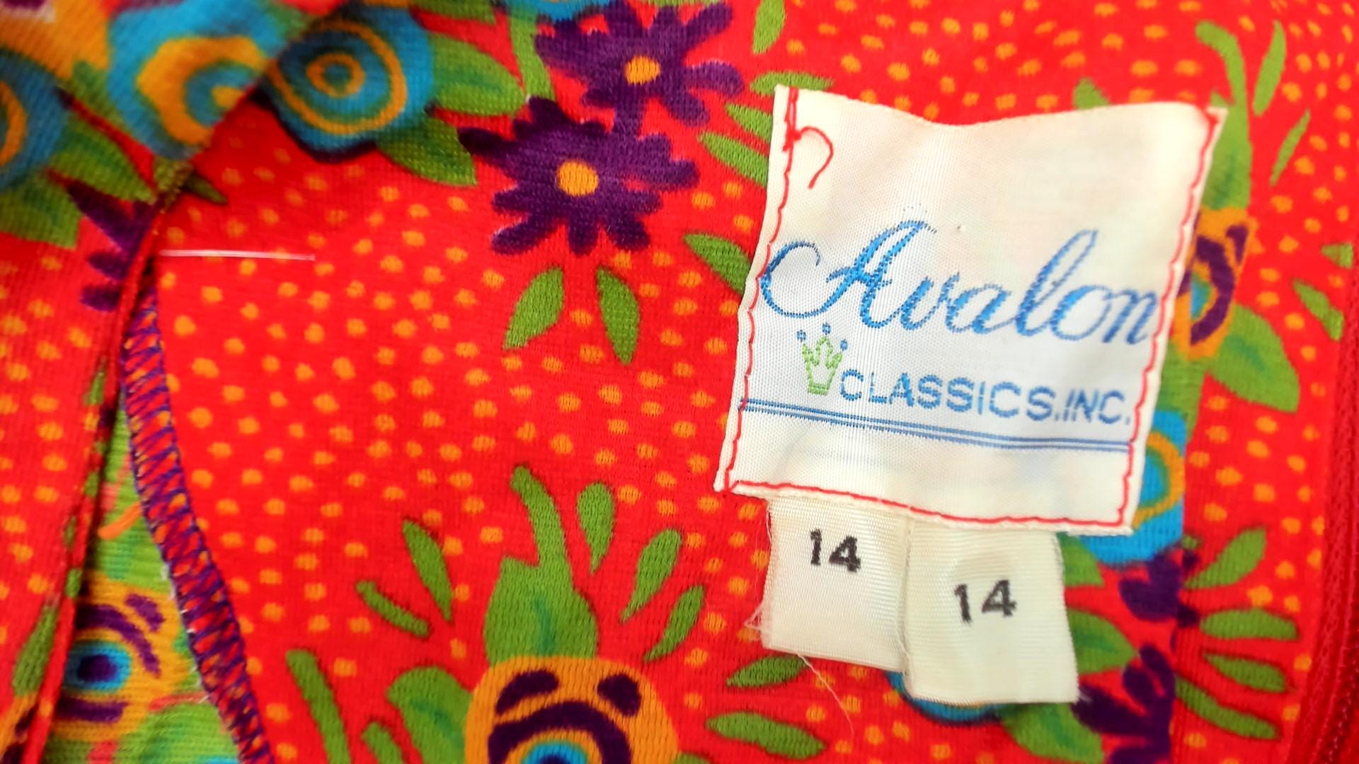 70s Avalon Classics Floral Mini Dress Coral Orange Empire Waist Long Sleeve Medium