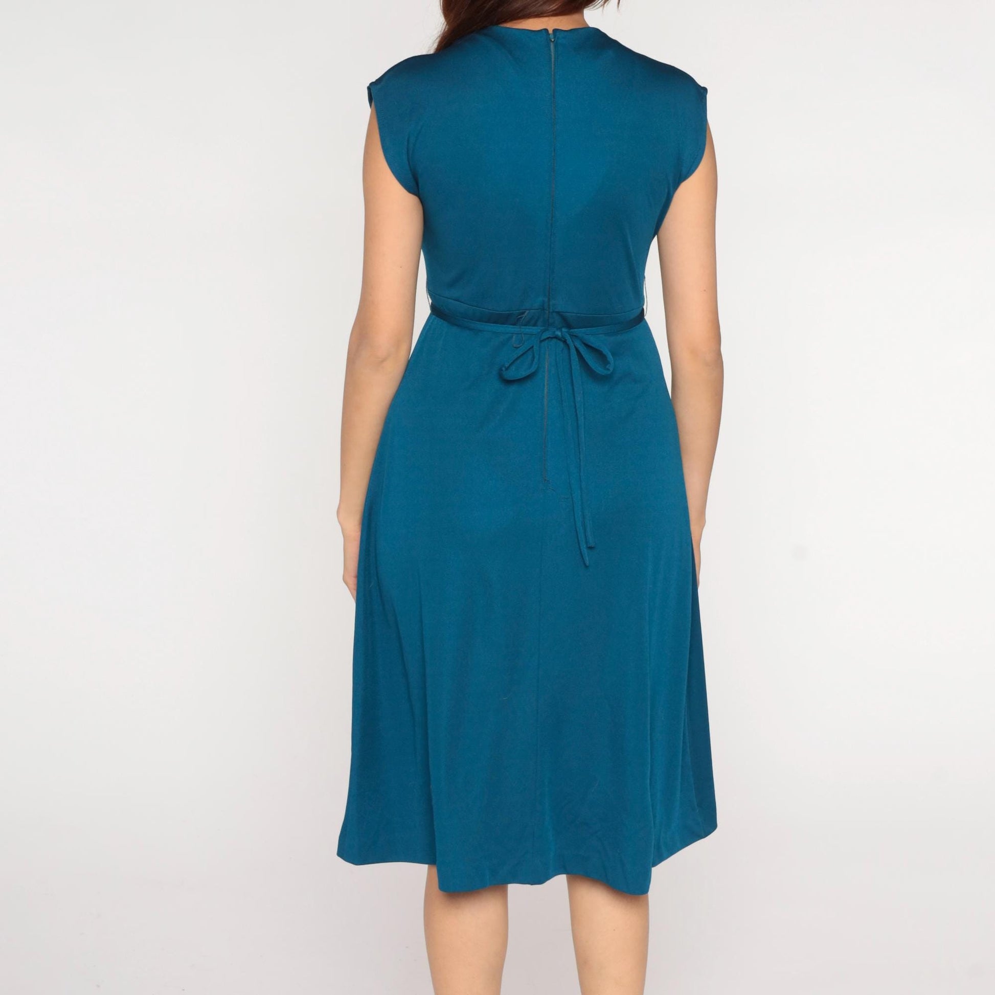 70s Teal Cowl Neck Midi Dress Empire Waist A-line Sleeveless Small