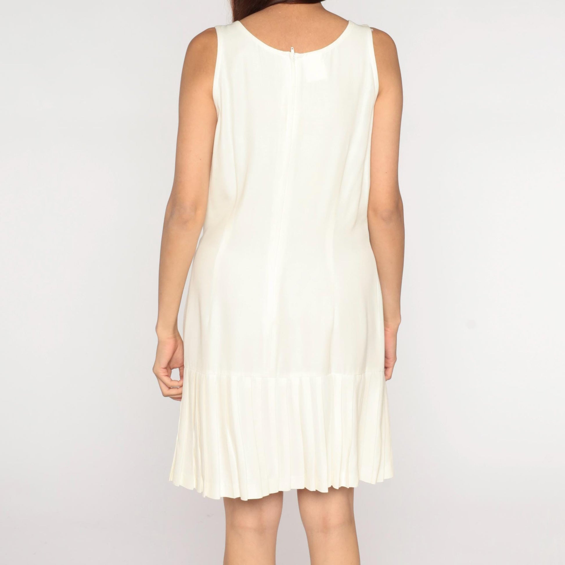 90s Ivory Sleeveless A-Line Dress Pleated Hem Drop Waist Scoop Neck Large