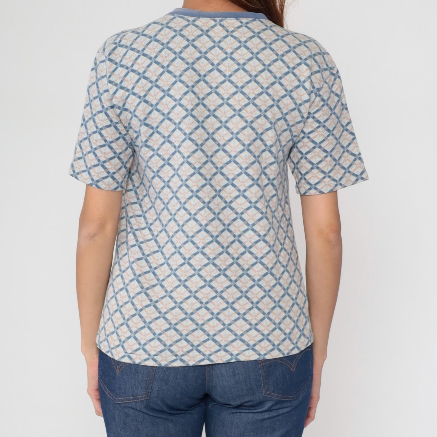 70s Mr. Alfred Diamond Knit Henley Pullover Blue Peach Cream Medium