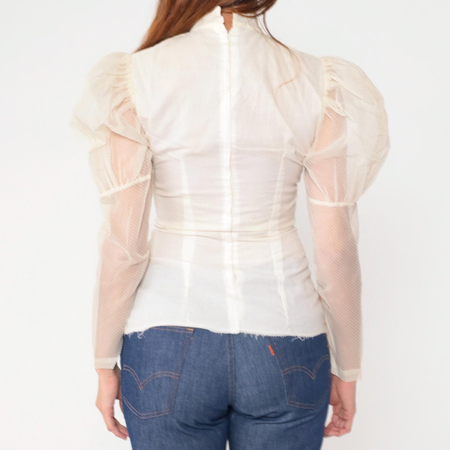 60s White Victorian Blouse Puff Sleeve Ruffle High Neck Bow Tie Small S