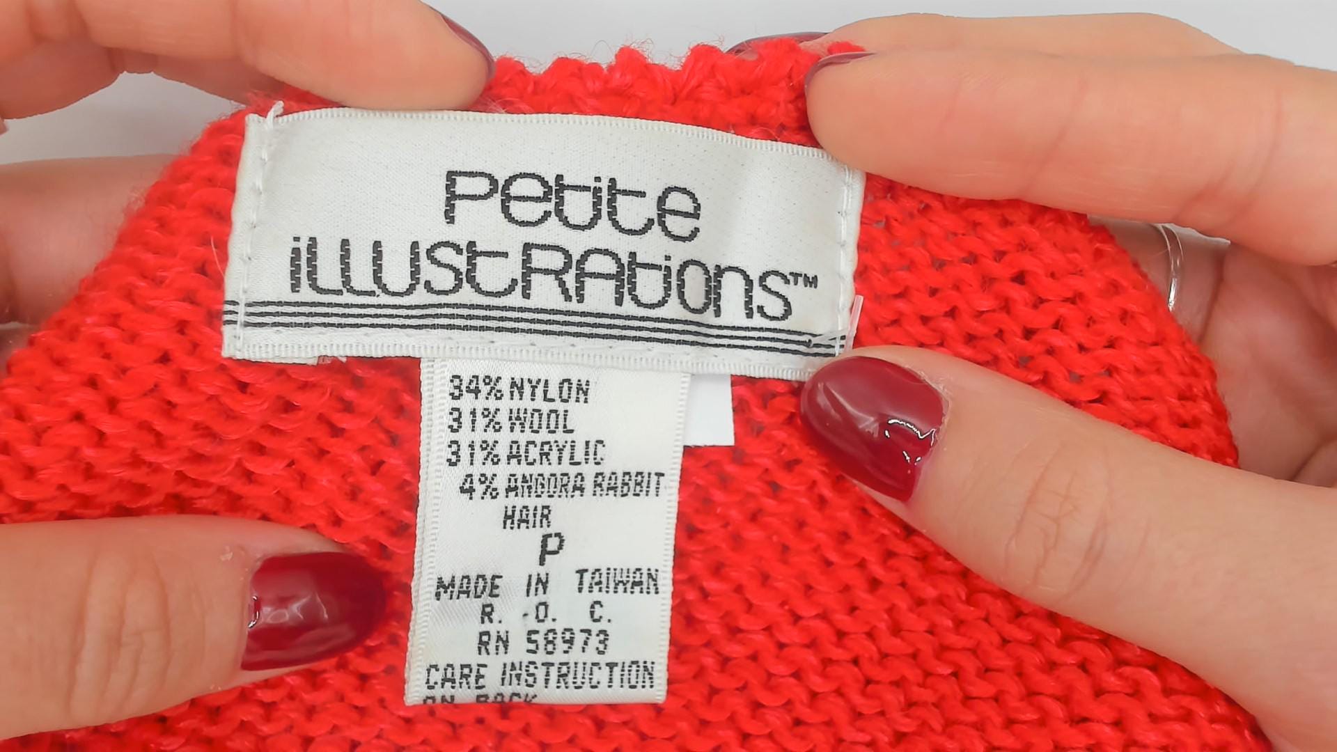 80s Petite Illustrations Red Knit Sweater Pearl Snowflake Puff Shoulder Small