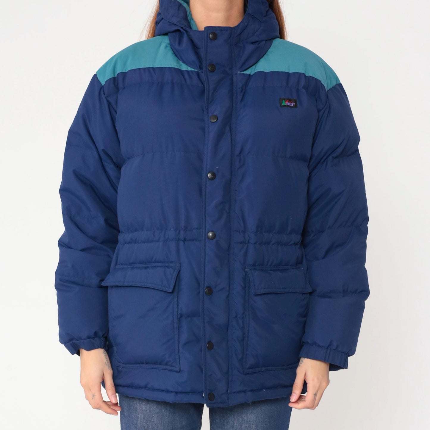 Y2K REI Goose Down Puffer Jacket Navy Teal Colorblock Hooded Extra Large XL