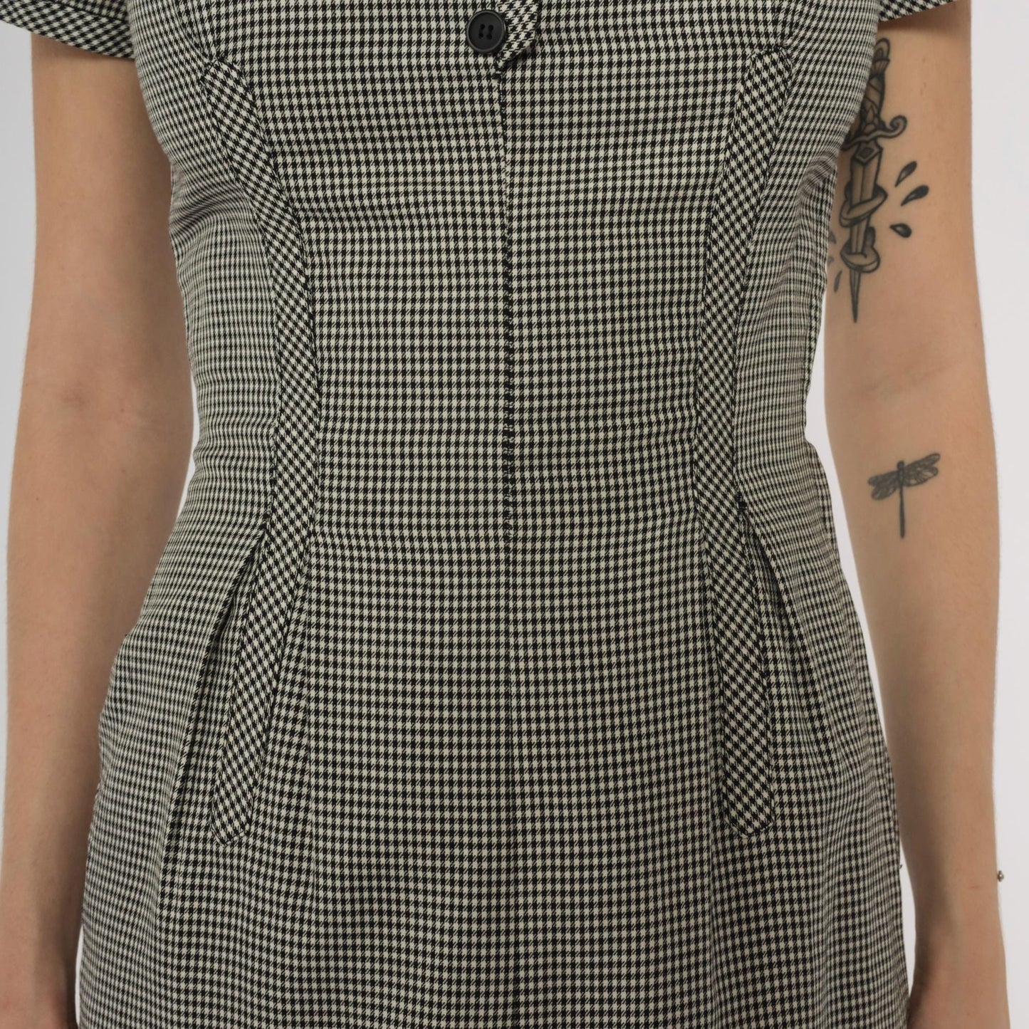 1950s Houndstooth Check Button Front Midi Dress Black White Scoop Neck Extra Small XS