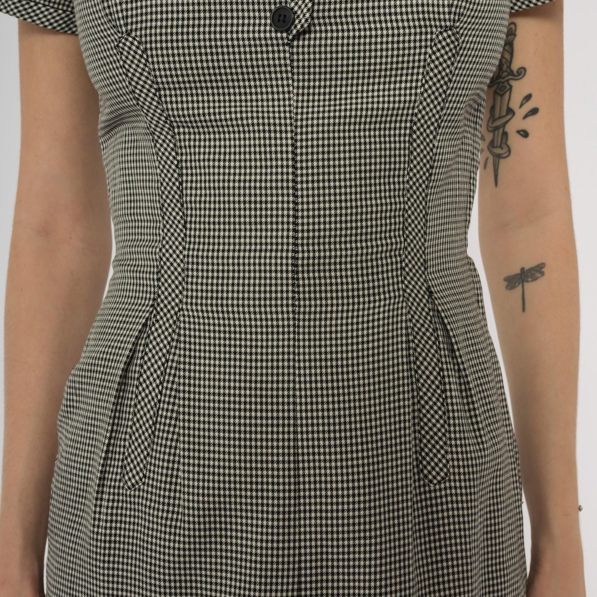 1950s Houndstooth Check Button Front Midi Dress Black White Scoop Neck Extra Small XS