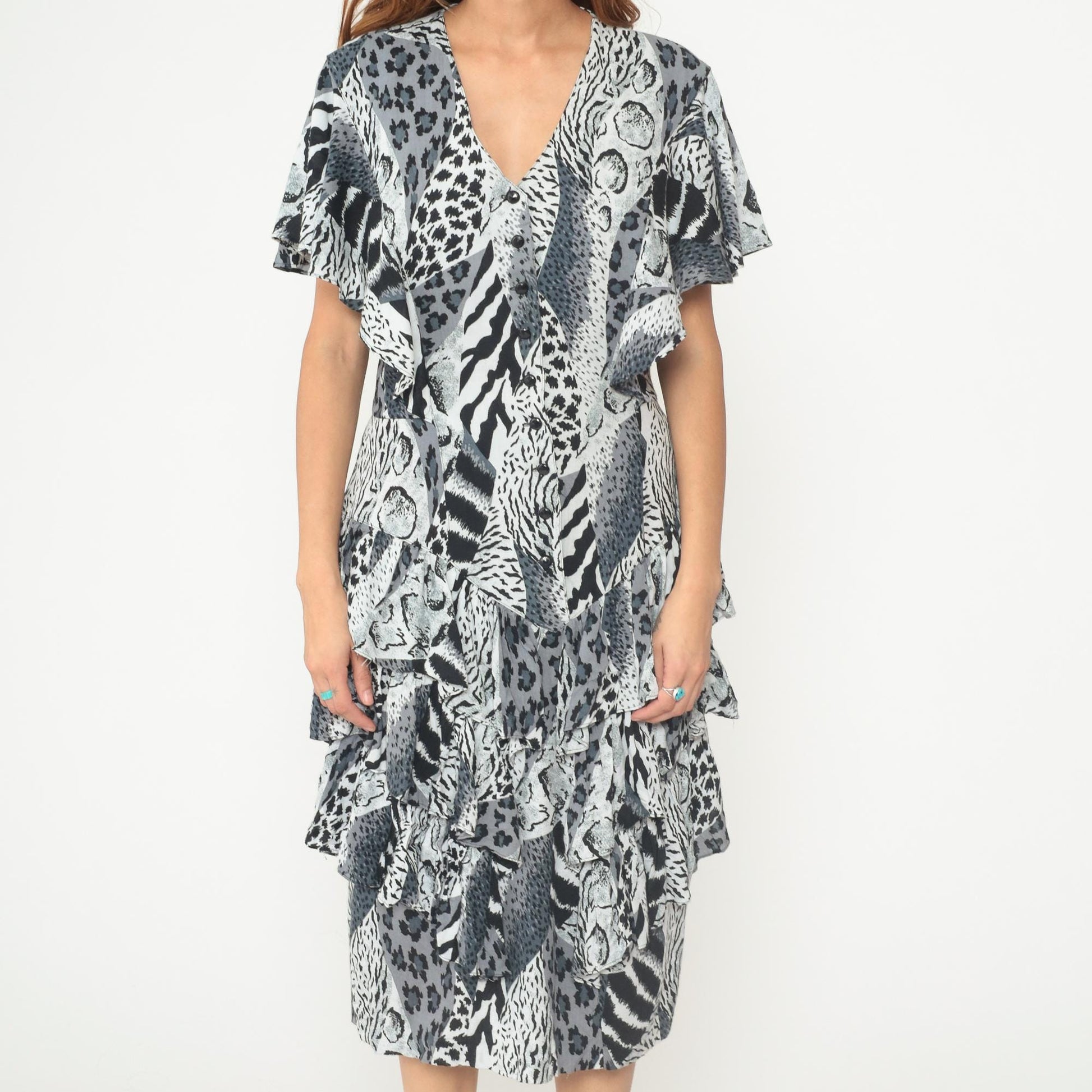 90s Animal Print Midi Dress Black White Leopard Zebra Button Front Flutter Sleeve Medium M
