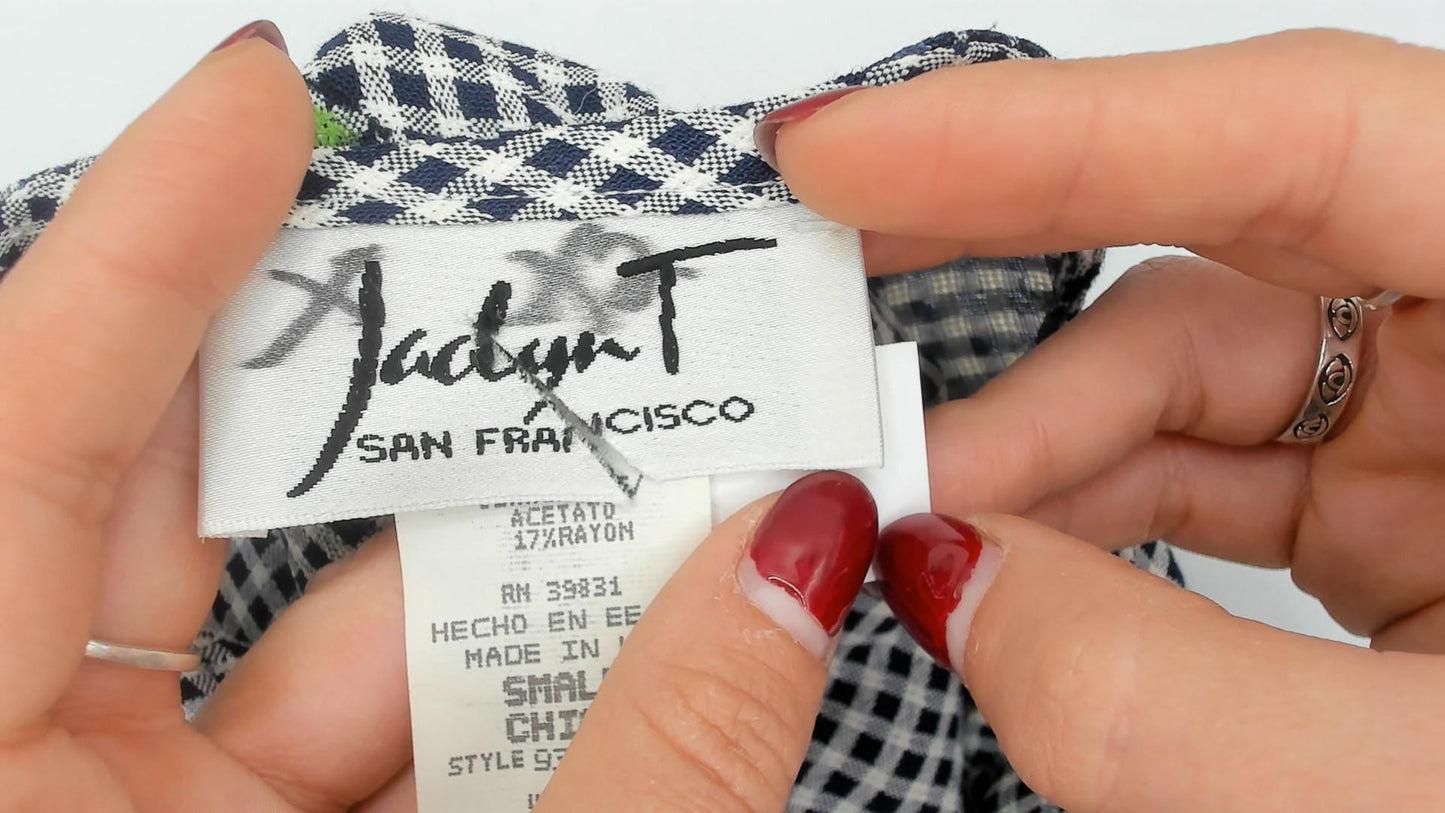 90s Jadyn T Gingham Tunic Black White Floral Embroidered Small