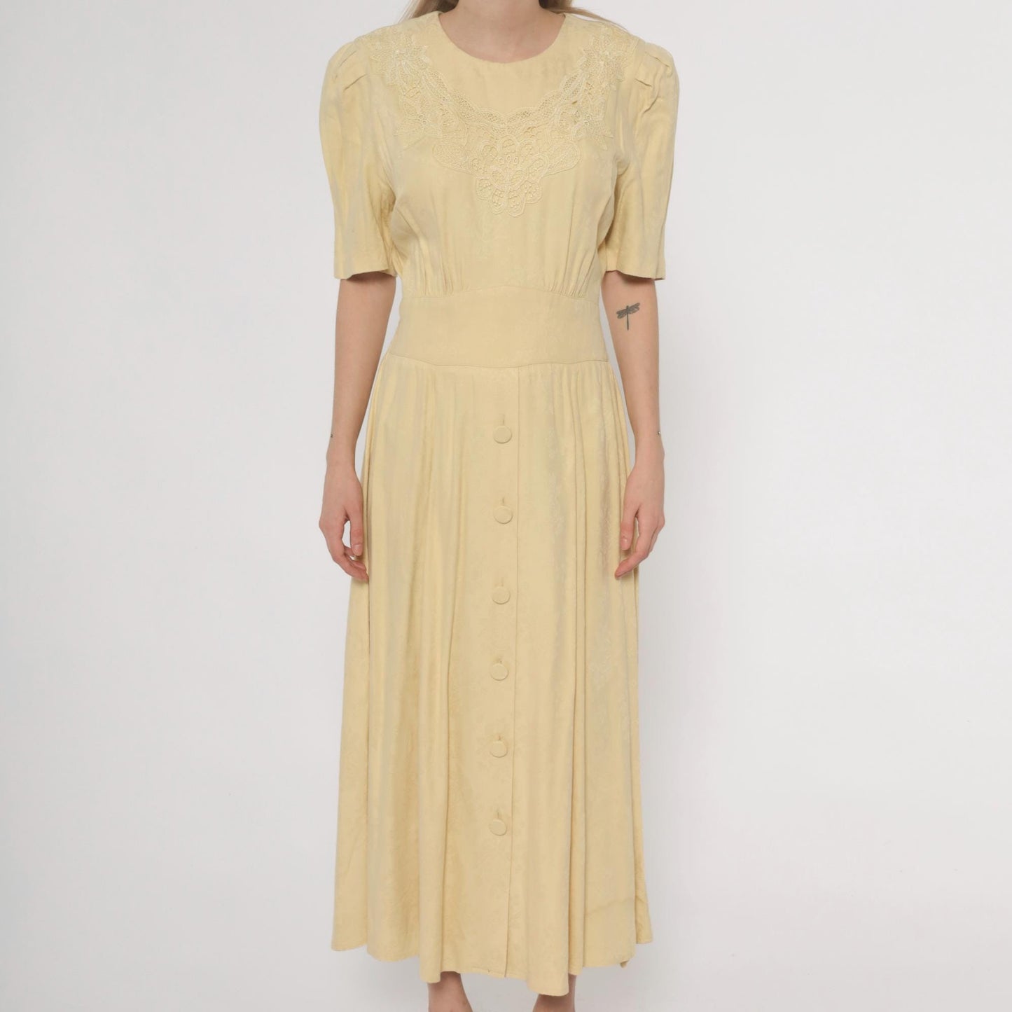 90s Karin Stevens Yellow Maxi Dress Embroidered Lace Smocked Waist Small