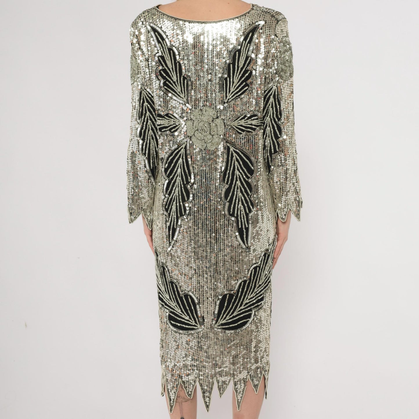 90s Silver Sequin Midi Dress Art Deco Leaf Pattern Silk V-Neck Long Sleeve Medium M
