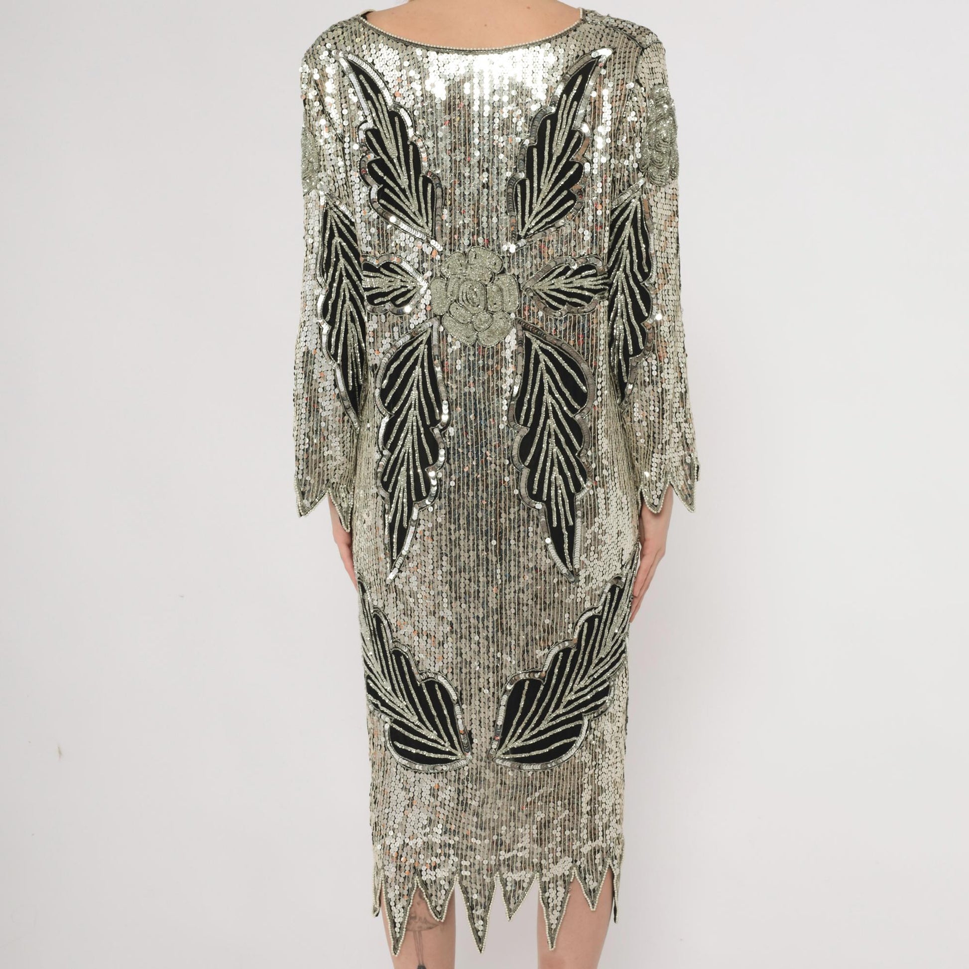 90s Silver Sequin Midi Dress Art Deco Leaf Pattern Silk V-Neck Long Sleeve Medium M